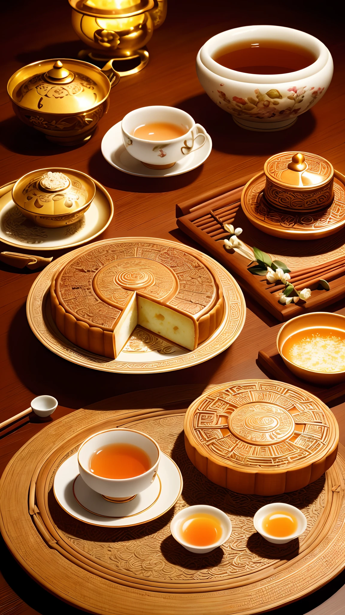 (a detailed close up portrait of a moon cake), (a cup of tea), (a tea pot poster), (best quality, highres, ultra-detailed), (realistic), (portraits), (vivid colors), (warm color tones), (soft lighting), (delicious details), (traditional Chinese dessert), (intricate patterns), (elegant tea set), (moonlit background), (artistic composition), (delicate textures), (fine brushwork), (subtle shadows), (harmonious color palette), (crisp focus), (meticulous craftsmanship), (rich flavors), (authentic tea ceremony), (captivating aroma), (artistic creativity), (precise lighting), (mouth-watering presentation), (stimulating senses), (meticulous details), (rich cultural symbolism), (teatime indulgence), (authentic Chinese cuisine), (eye-catching visual appeal), (enjoying tranquility), (celebratory atmosphere), (enticing arrangement), (traditional symbolism), (exquisite plating), (fine dining experience), (attention to detail), (sensory delight), (appetizing colors), (fragrant tea leaves), (delightful combination).