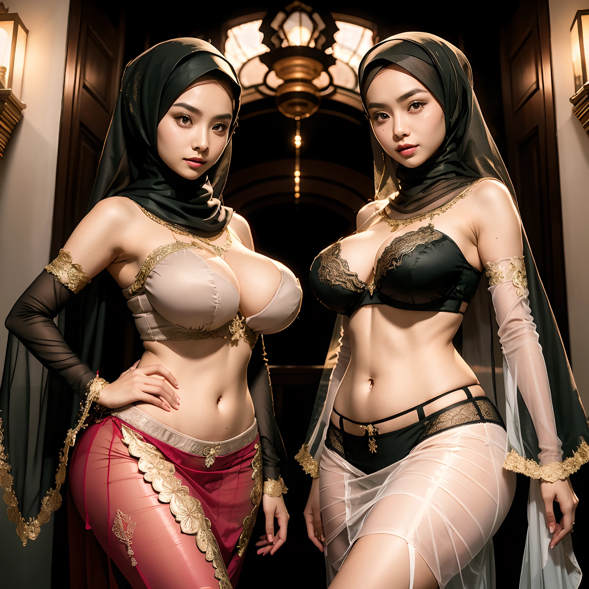 two women in lingersuits and hijab posing for a picture, wlop and sakimichan, wlop and artgerm, harem, artwork in the style of guweiz, trendin on artstation, artgerm and genzoman, artgerm and wlop, deviantart artstation cgscosiety, wlop glossy skin, hijab, raytracing, realistic shadow