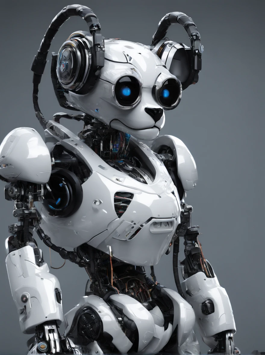 A panda robot,, Wearing sunglasses, Wearing headphones, Standing position, Abstract beauty, Centered, Looking at the camera, Facing the camera, nearing perfection, Dynamic, Highly detailed digital painting,  concept-art, 8K, high definition resolution