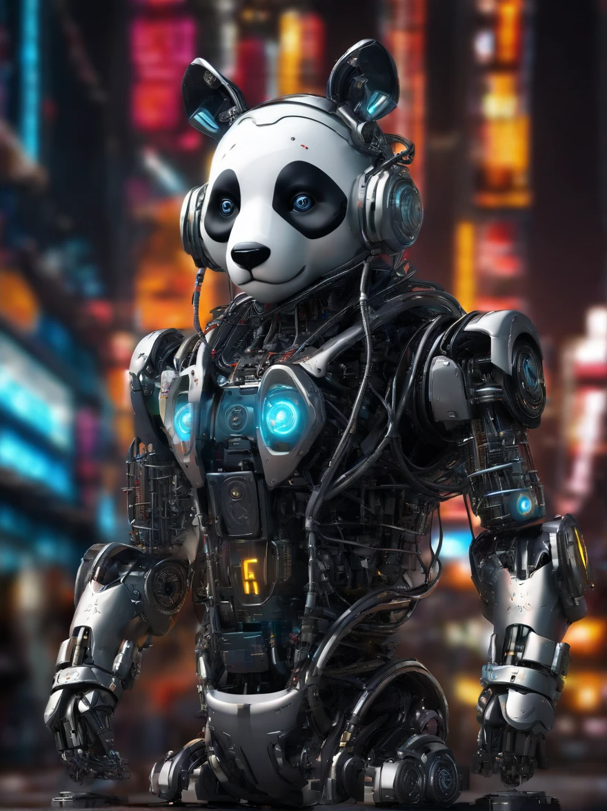 A panda robot,, Wearing sunglasses, Wearing headphones, Standing position, Abstract beauty, Centered, Looking at the camera, Facing the camera, nearing perfection, Dynamic, Highly detailed digital painting, concept-art, 8K, high definition resolution