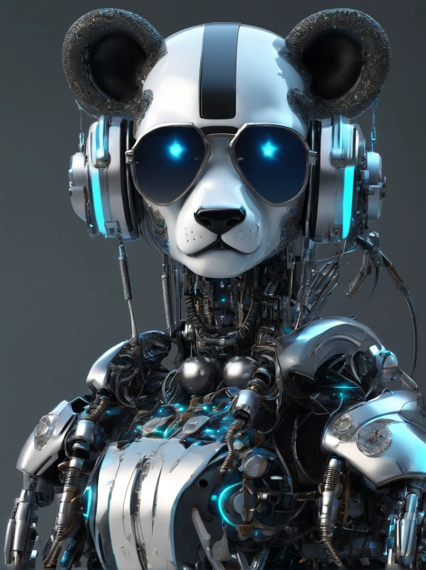 A panda robot,, Wearing sunglasses, Wearing headphones, Standing position, Abstract beauty, Centered, Looking at the camera, Facing the camera, nearing perfection, Dynamic, Highly detailed digital painting, concept-art, 8K, high definition resolution