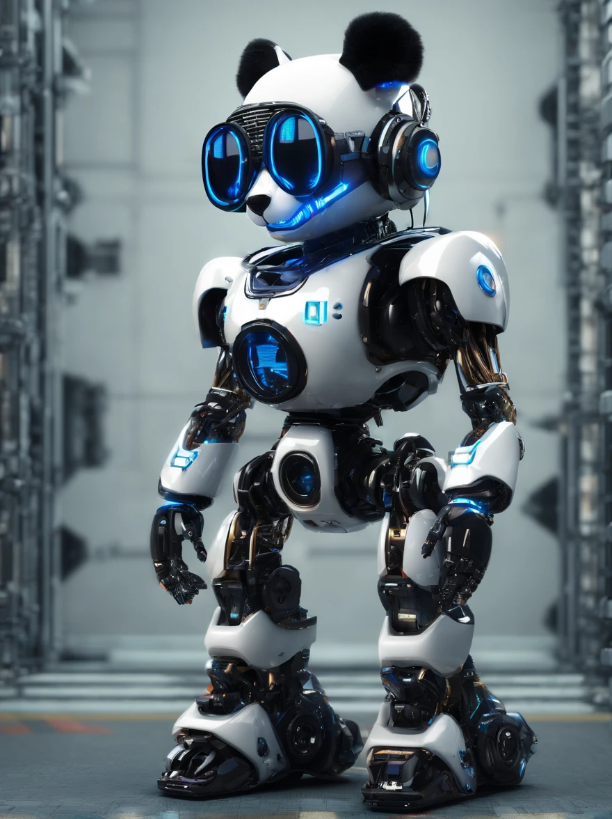 A panda robot,, Wearing sunglasses, Wearing headphones, Standing position, Abstract beauty, Centered, Looking at the camera, Facing the camera, nearing perfection, Dynamic, Highly detailed digital painting, concept-art, 8K, high definition resolution