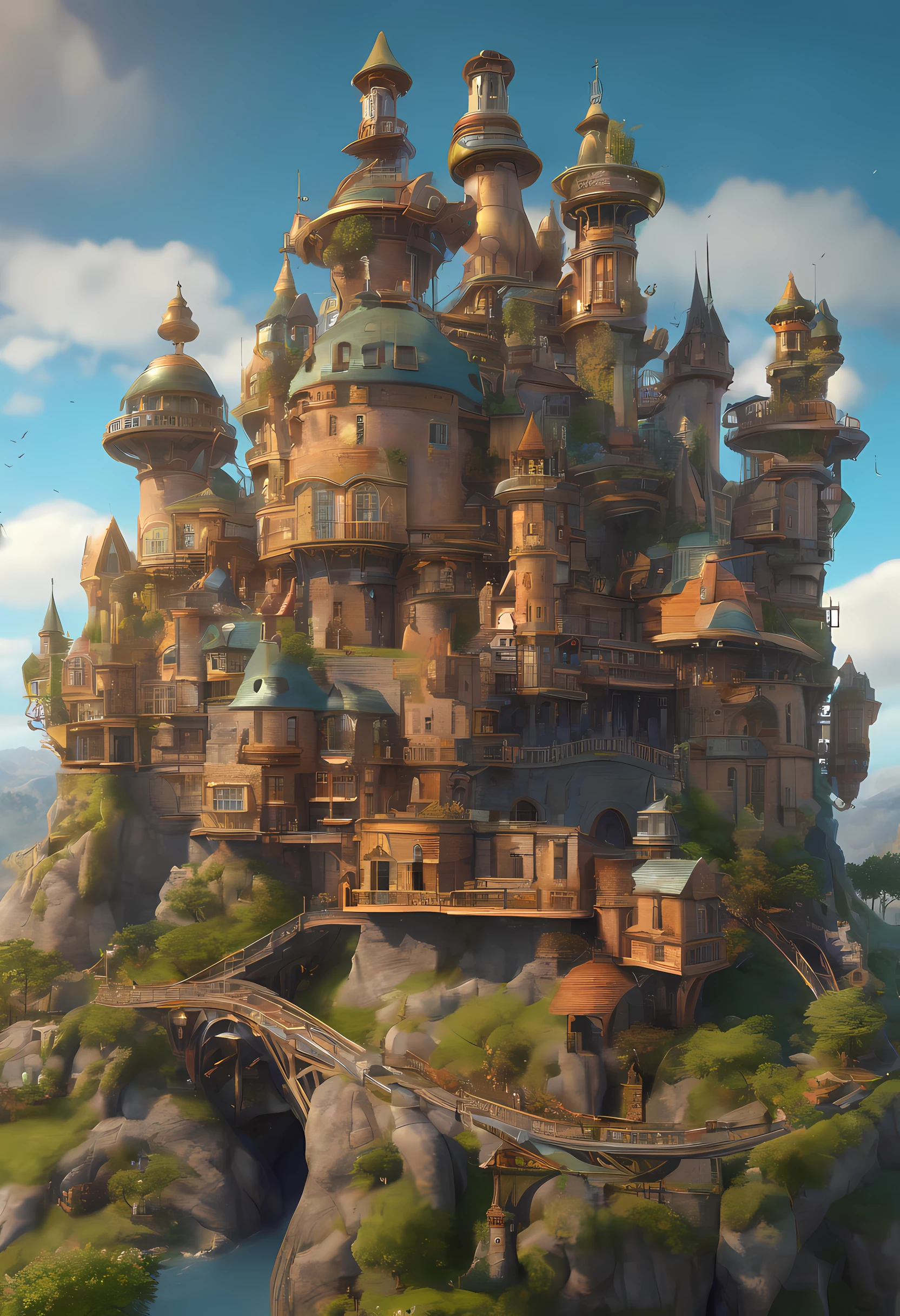 a long shot picture of a steampunk castle moving on wheeled motorized platform rolling hills, s steampunk castle with (turrets: 1.1), (towers:1.1), (bridges:1.2), (barbican:1.1), canons on the walls, a blimp flying by, green rolling hills background, wheeled platform, (castle on the platform:1.3) huge epic platform with many wheels carrying the castle, Photorealistic, 16k, RAW, award winning, (best detailed: 1.5), masterpiece, best quality, (ultra detailed), full body, ultra wide shot,