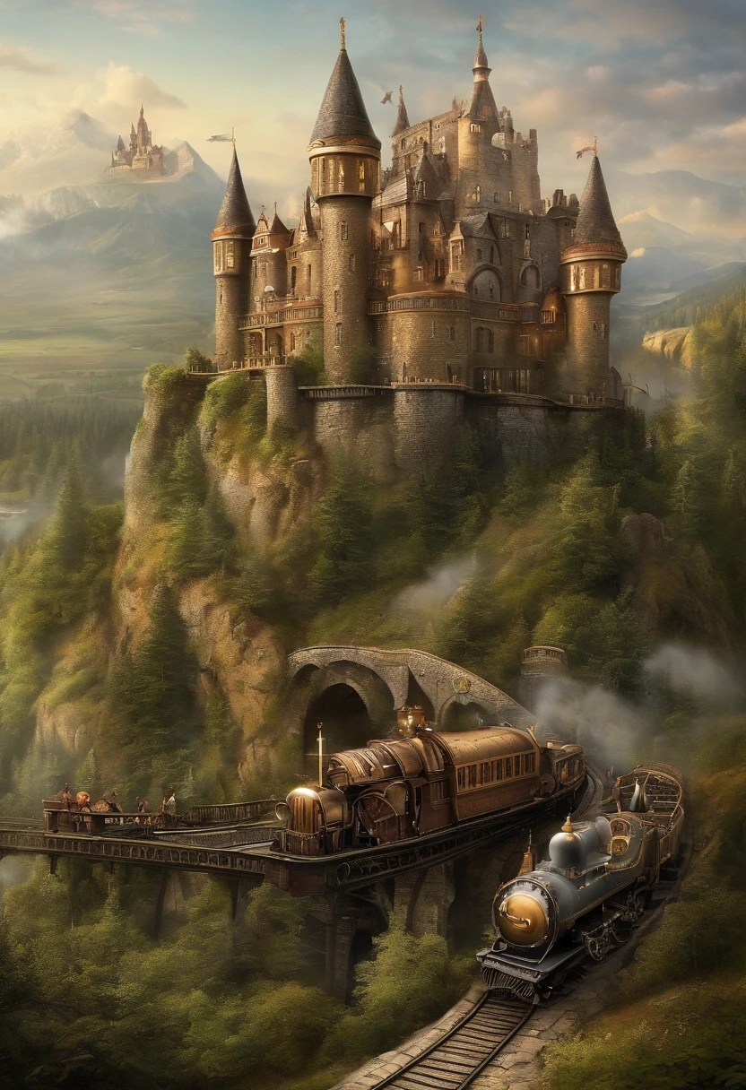 a long shot picture of a steampunk castle moving on wheeled motorized platform rolling hills, s steampunk castle with (turrets: 1.1), (towers:1.1), (bridges:1.2), (barbican:1.1), canons on the walls, a blimp flying by, green rolling hills background, wheeled platform, (castle on the platform:1.3) huge epic platform with many wheels carrying the castle, Photorealistic, 16k, RAW, award winning, (best detailed: 1.5), masterpiece, best quality, (ultra detailed), full body, ultra wide shot,