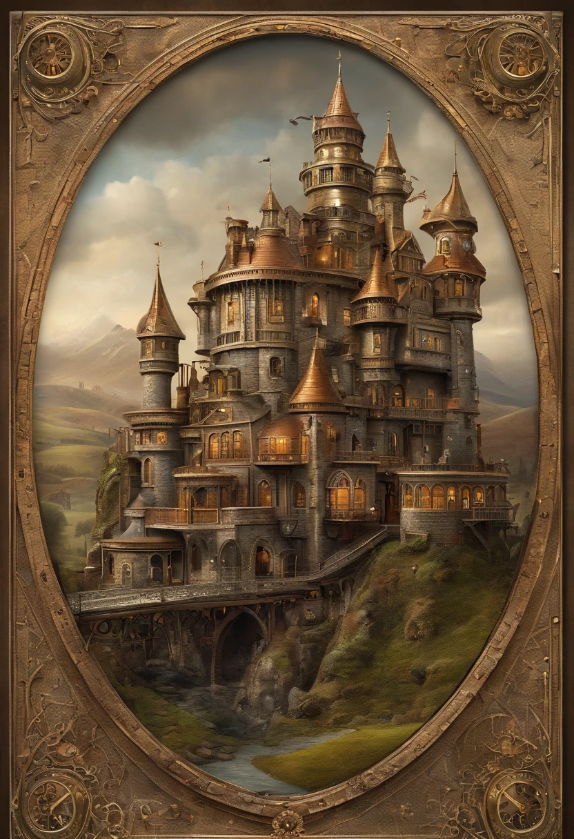 a long shot picture of a steampunk castle moving on wheeled motorized platform rolling hills, s steampunk castle with (turrets: 1.1), (towers:1.1), (bridges:1.2), (barbican:1.1), canons on the walls, a blimp flying by, green rolling hills background, wheeled platform, (castle on the platform:1.3) huge epic platform with many wheels carrying the castle, Photorealistic, 16k, RAW, award winning, (best detailed: 1.5), masterpiece, best quality, (ultra detailed), full body, ultra wide shot,