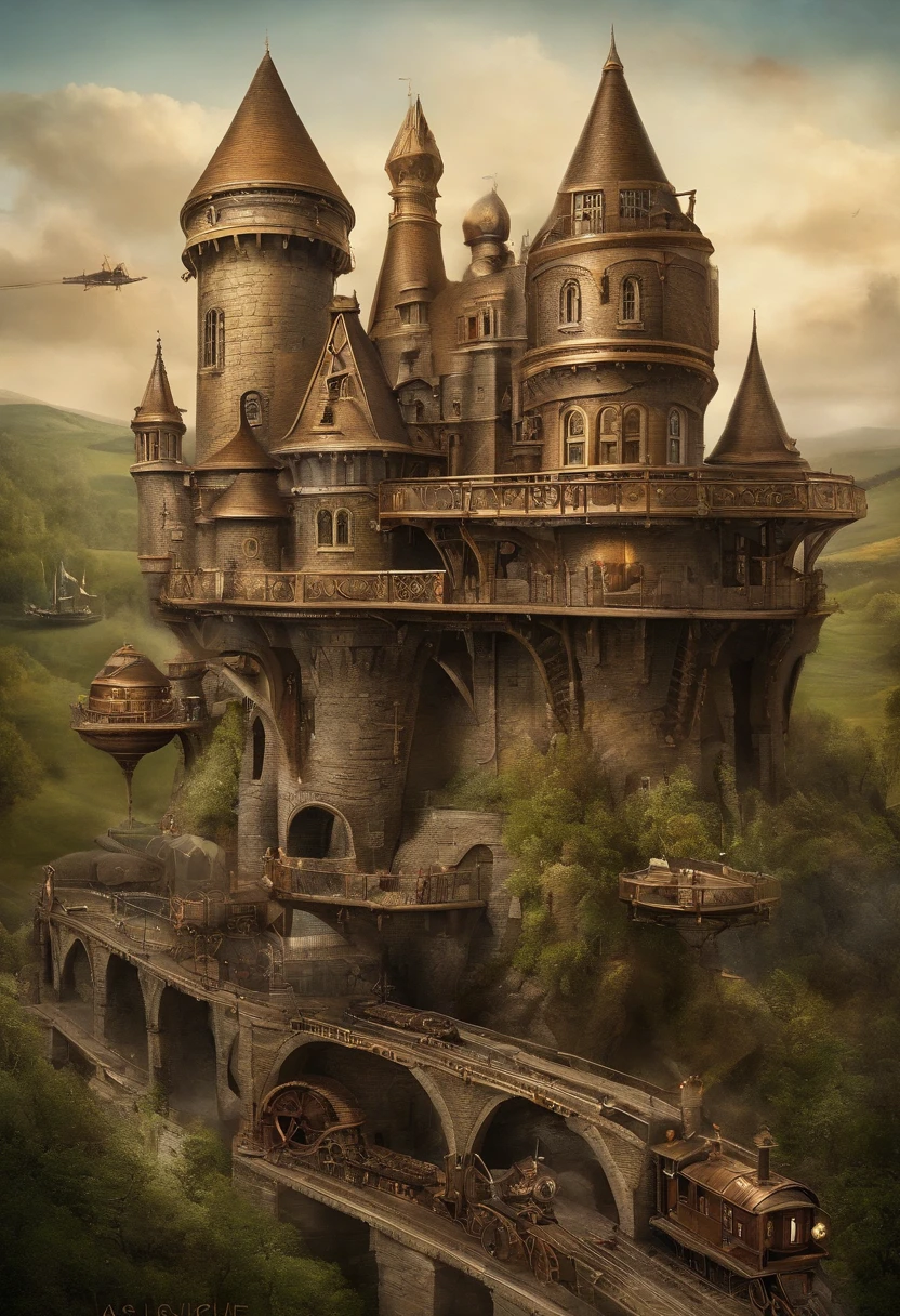 a long shot picture of a steampunk castle moving on wheeled motorized platform rolling hills, s steampunk castle with (turrets: 1.1), (towers:1.1), (bridges:1.2), (barbican:1.1), canons on the walls, a blimp flying by, green rolling hills background, wheeled platform, (castle on the platform:1.3) huge epic platform with many wheels carrying the castle, Photorealistic, 16k, RAW, award winning, (best detailed: 1.5), masterpiece, best quality, (ultra detailed), full body, ultra wide shot,