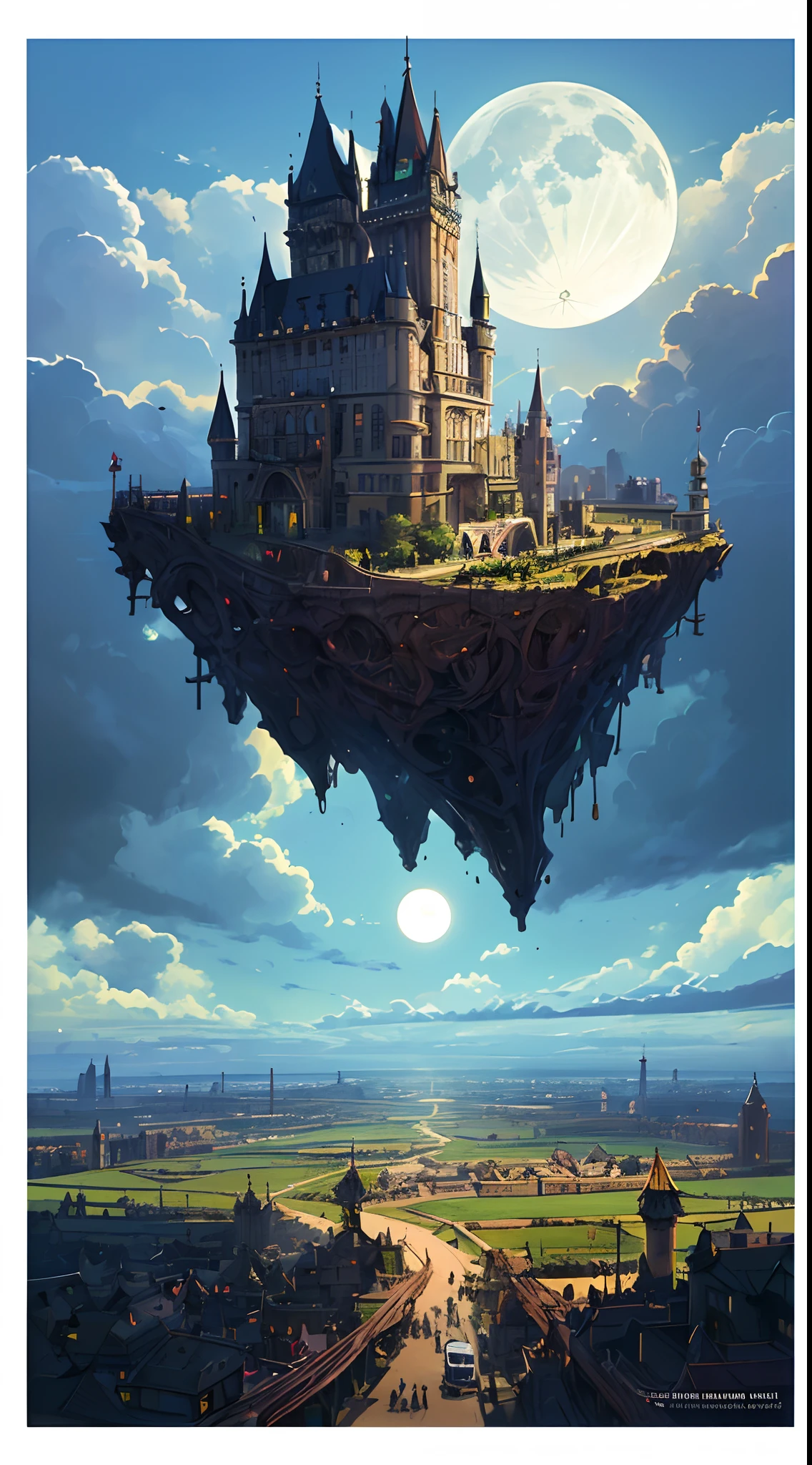 (white background,Leave blank all around,Howl's Moving Castle:1.35),(Intricate steampunk castle in the sky,the castle castle suspended in the air, Aerial view, Concept art, sky,cloud,fullmoon,giant sun,Day and night alternate,with the sun and moon in the same sky:1.45),trippy gorgeous surreal composition popart of a wonderous enchanting Victorian Atompunk Steampunk Candyland fantasy world on LSD, magnificent towering castle,psychedelic colorful,flowers,Candyland, busy, detailed, psychedelic art design style,