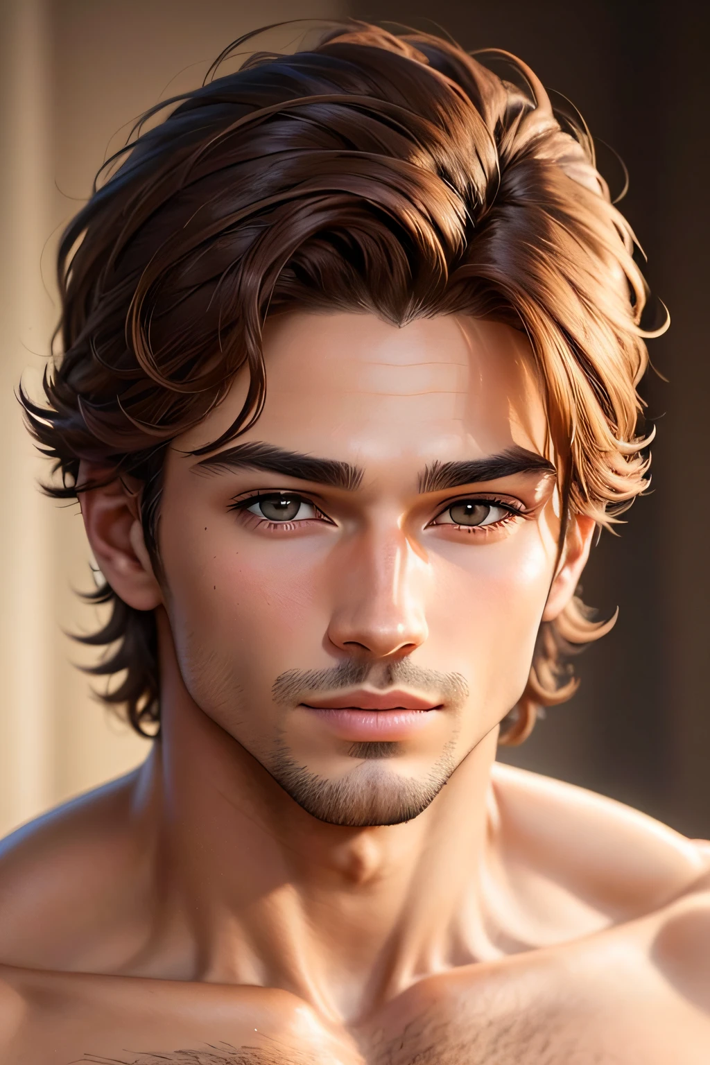 Describe in detail the face of a perfect man with a tanned complexion and brown hair. Faites attention aux traits de son visage, to the shape of his eyes, de son nez, of his lips, and any other distinctive features that would make it exceptionally attractive especially realistic like a photo
