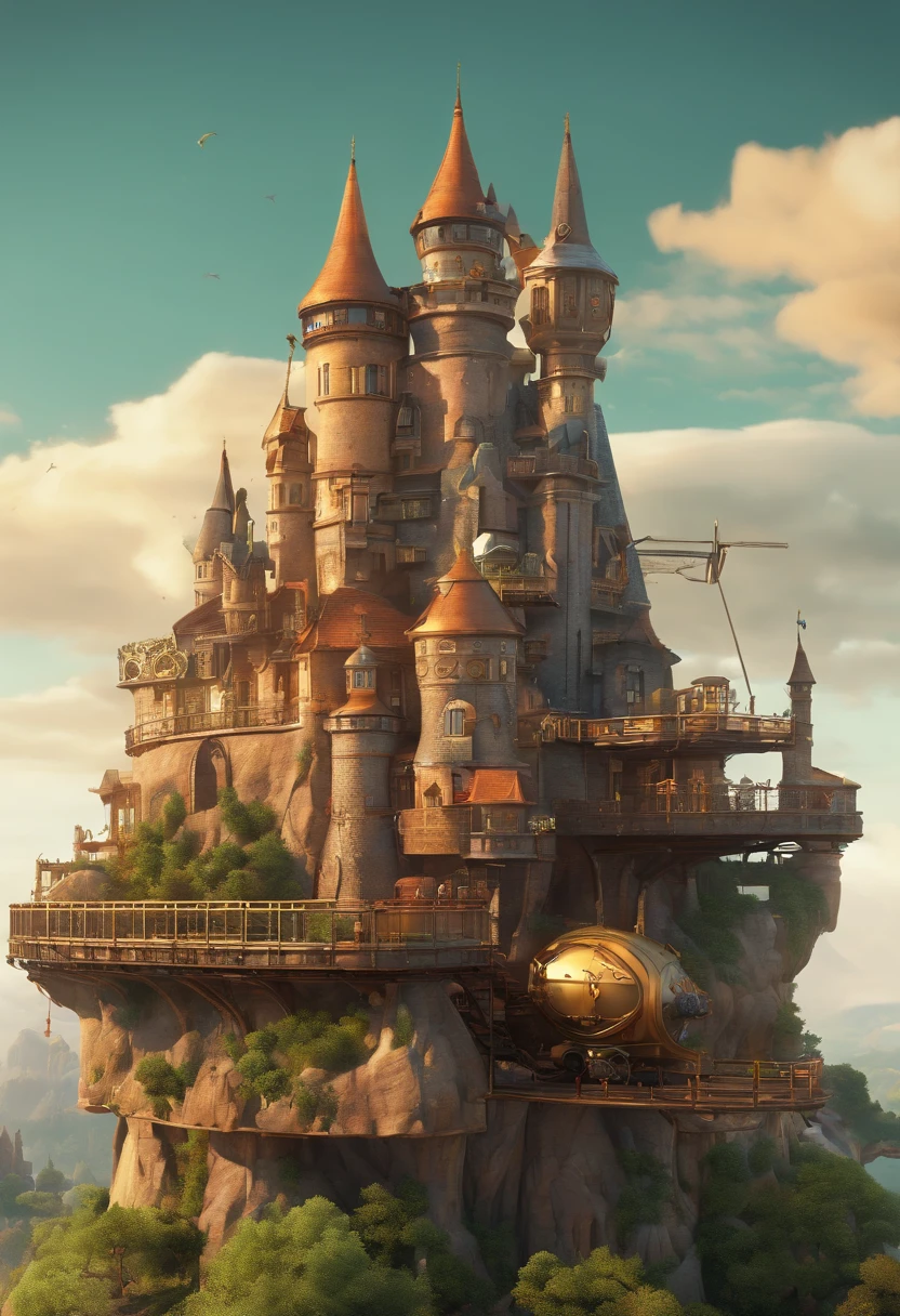 a long shot picture of a steampunk castle moving on (wheeled motorized platform:1.3) rolling hills, s steampunk castle with (turrets: 1.1), (towers:1.1), (bridges:1.2), (barbican:1.1), canons on the walls, a blimp flying by, green rolling hills background, wheeled platform, (castle on the platform:1.3) huge epic platform with many wheels carrying the castle, Photorealistic, 16k, RAW, award winning, [ultra detailed], masterpiece, best quality, (ultra detailed), full body, ultra wide shot,