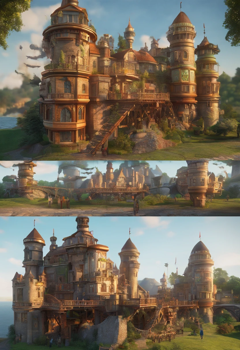 a long shot picture of a steampunk castle moving on (wheeled motorized platform:1.3) rolling hills, s steampunk castle with (turrets: 1.1), (towers:1.1), (bridges:1.2), (barbican:1.1), canons on the walls, a blimp flying by, green rolling hills background, wheeled platform, (castle on the platform:1.3) huge epic platform with many wheels carrying the castle, Photorealistic, 16k, RAW, award winning, [ultra detailed], masterpiece, best quality, (ultra detailed), full body, ultra wide shot,