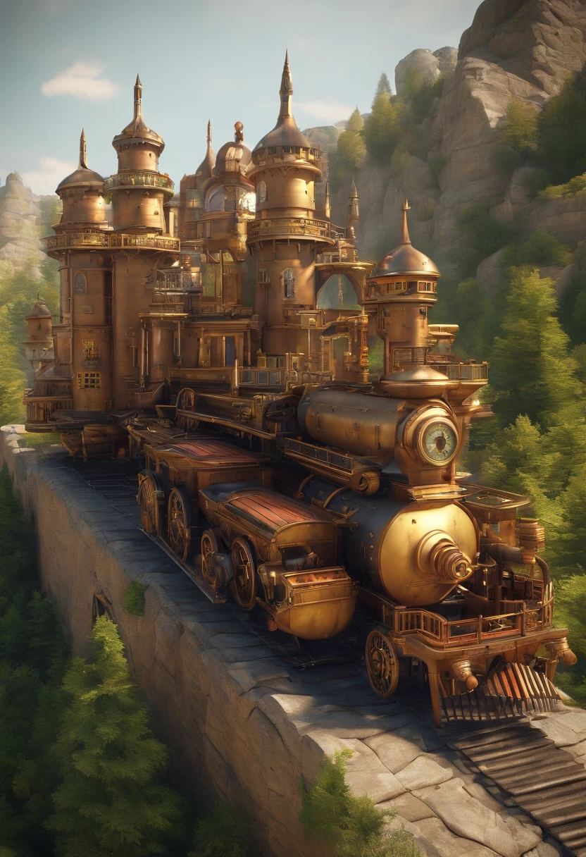 a long shot picture of a steampunk castle moving on (wheeled motorized platform:1.3) rolling hills, s steampunk castle with (turrets: 1.1), (towers:1.1), (bridges:1.2), (barbican:1.1), canons on the walls, a blimp flying by, green rolling hills background, wheeled platform, (castle on the platform:1.3) huge epic platform with many wheels carrying the castle, Photorealistic, 16k, RAW, award winning, [ultra detailed], masterpiece, best quality, (ultra detailed), full body, ultra wide shot,