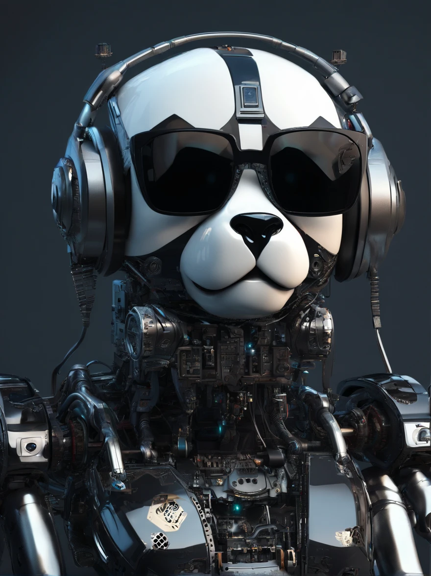 A panda robot,, Wearing sunglasses, Wearing headphones, Standing position, Abstract beauty, Centered, Looking at the camera, Facing the camera, nearing perfection, Dynamic, Highly detailed digital painting, concept-art, 8K, high definition resolution