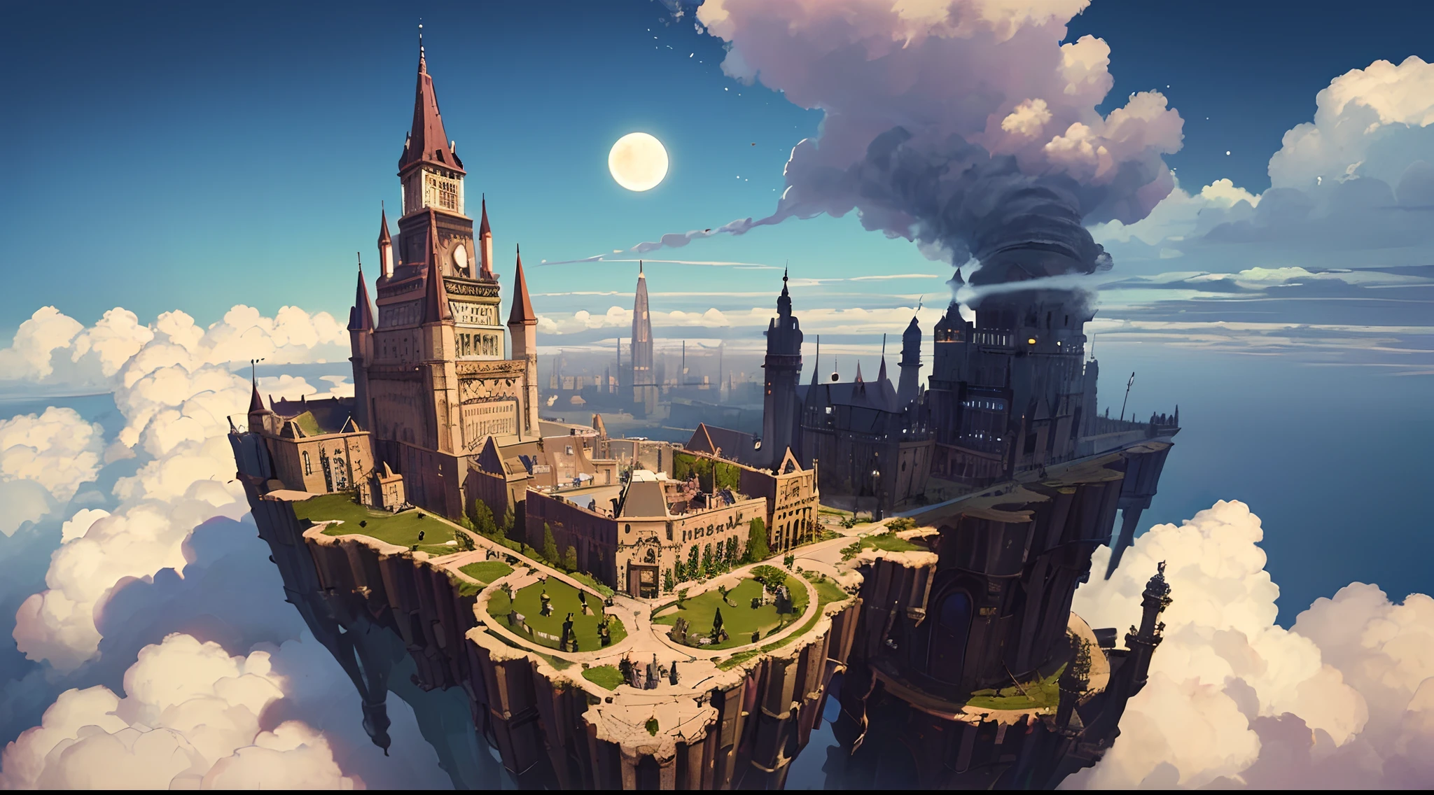 (white background,Leave blank all around,Howl's Moving Castle:1.35),(Intricate steampunk castle in the sky,the castle castle suspended in the air, Aerial view, Concept art, sky,cloud,fullmoon,giant sun,Day and night alternate,with the sun and moon in the same sky:1.45),trippy gorgeous surreal composition popart of a wonderous enchanting Victorian Atompunk Steampunk Candyland fantasy world on LSD, magnificent towering castle,psychedelic colorful,flowers,Candyland, busy, detailed, psychedelic art design style,