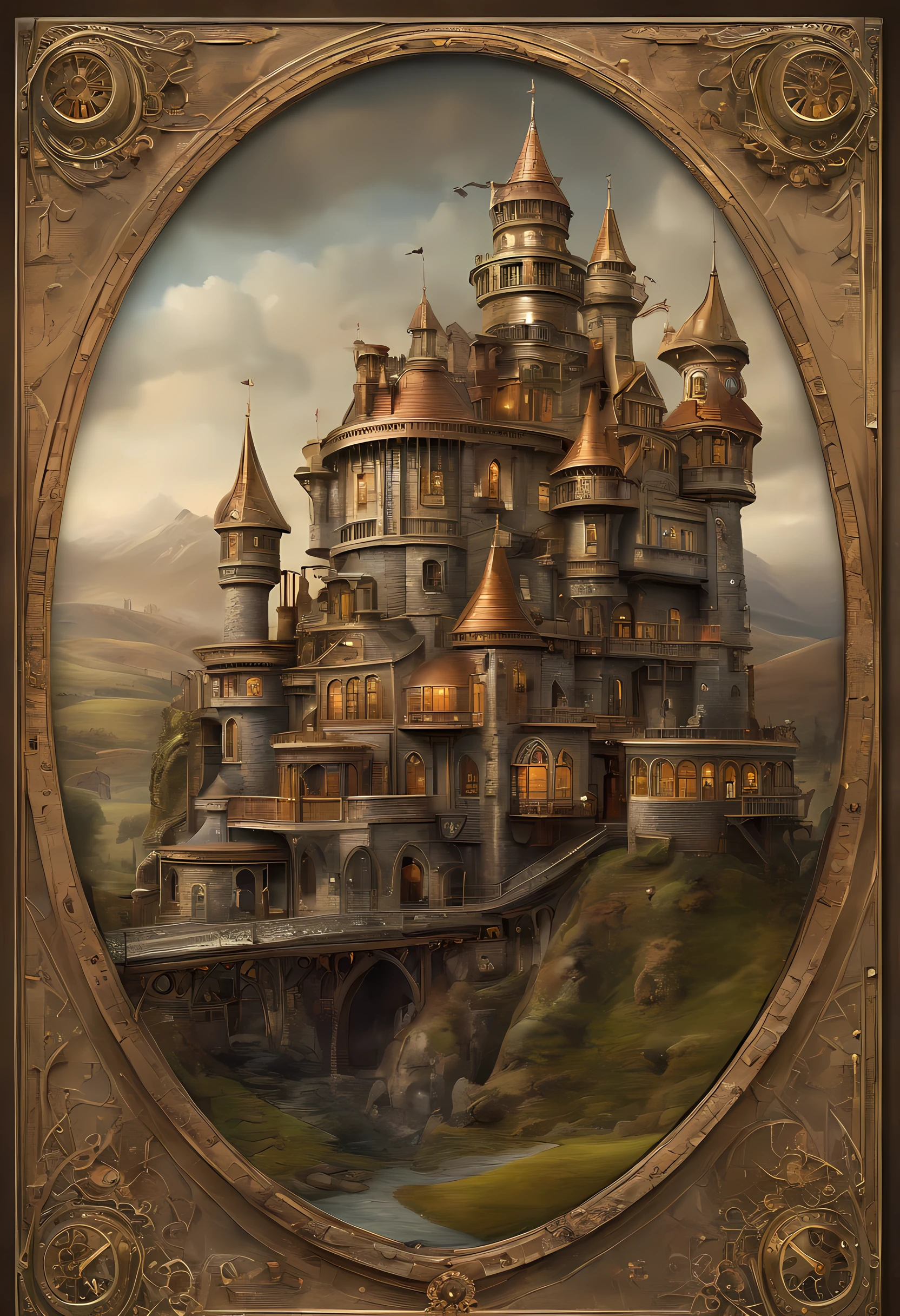 a long shot picture of a steampunk castle moving on wheeled motorized platform rolling hills, s steampunk castle with (turrets: 1.1), (towers:1.1), (bridges:1.2), (barbican:1.1), canons on the walls, a blimp flying by, green rolling hills background, wheeled platform, (castle on the platform:1.3) huge epic platform with many wheels carrying the castle, Photorealistic, 16k, RAW, award winning, (best detailed: 1.5), masterpiece, best quality, (ultra detailed), full body, ultra wide shot,