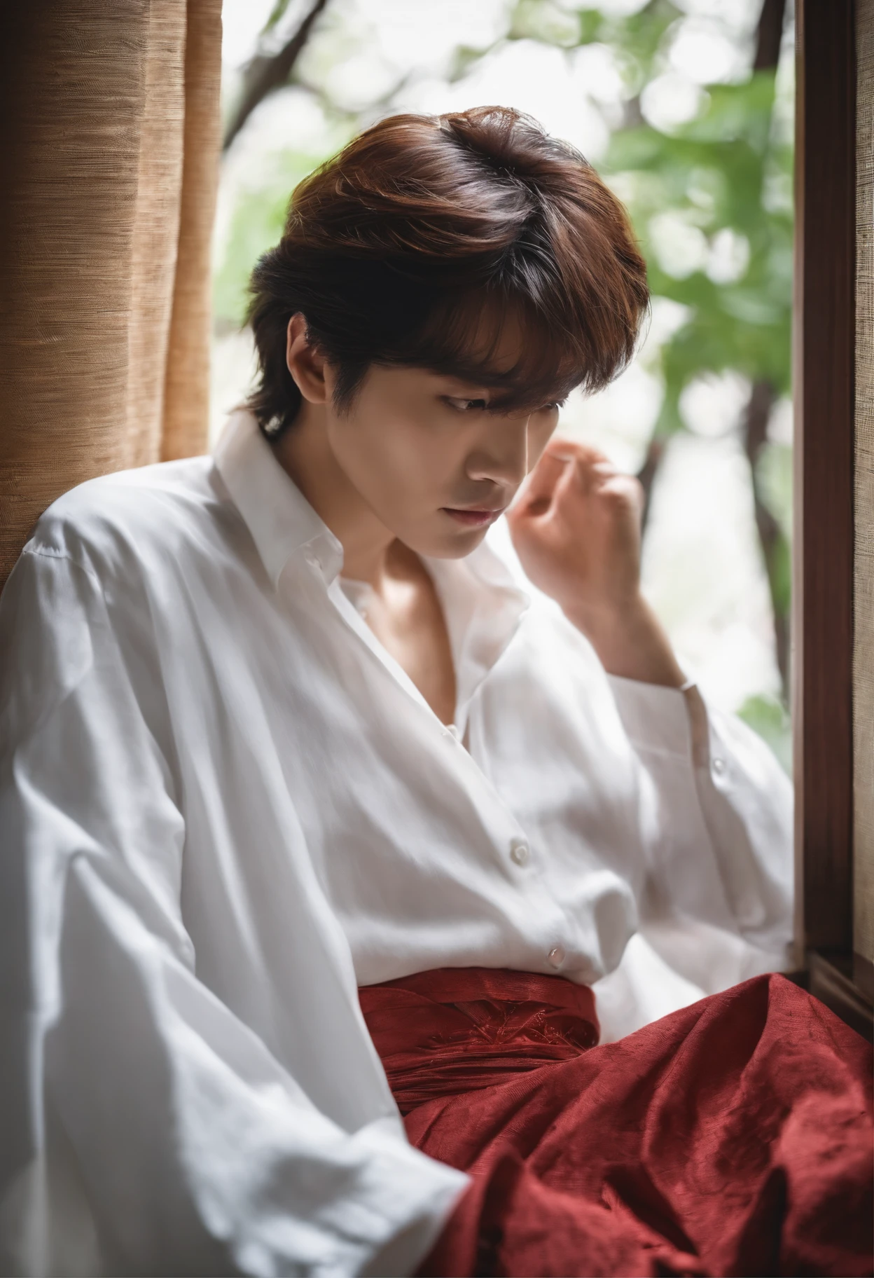 japanes、年轻、White shirt、eyes hidding