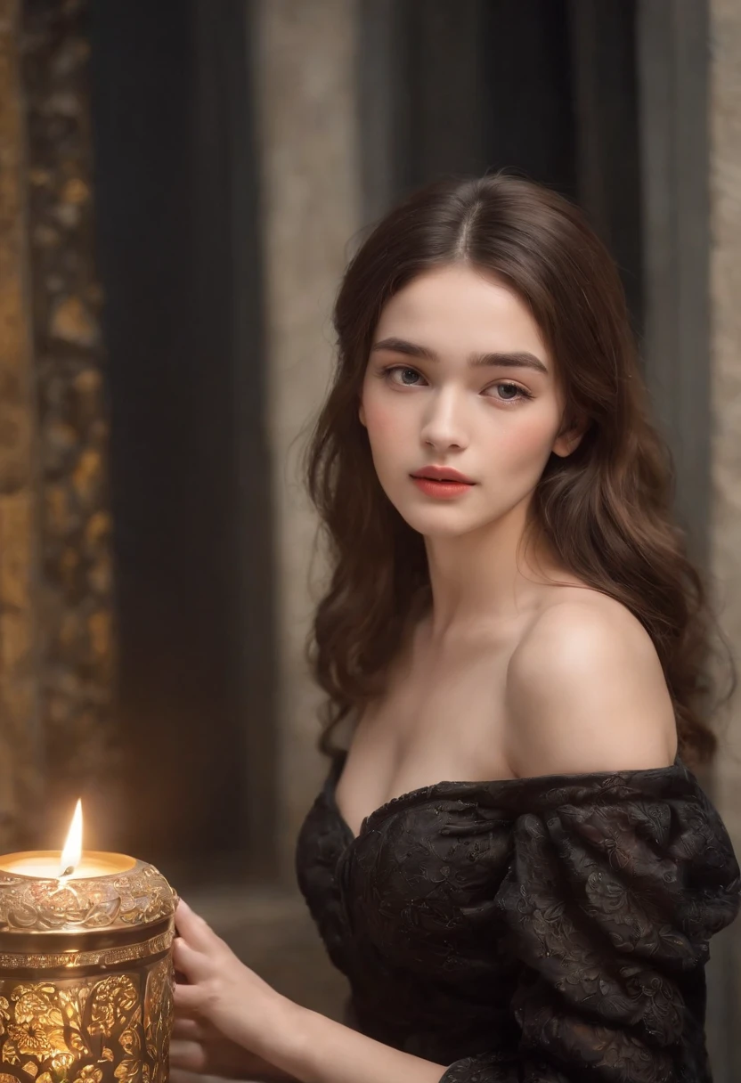(best quality,4k,8k,highres,masterpiece:1.2),ultra-detailed,(realistic,photorealistic,photo-realistic:1.37),beautiful dark red mogano pourole girl with flowing hair,alluring eyes,full lips,exquisite facial features,wearing black stockings and high heels,posing with a seductive look,sitting gracefully on a plush bed,inside a dimly lit room illuminated by flickering candles,with a romantic and sensual ambience,showcasing elegant decor and luxurious textures,soft and warm color palette,casting gentle shadows and highlights on the girl's figure,enhancing the overall allure and mystery,creating an intimate atmosphere that exudes both elegance and sensuality.