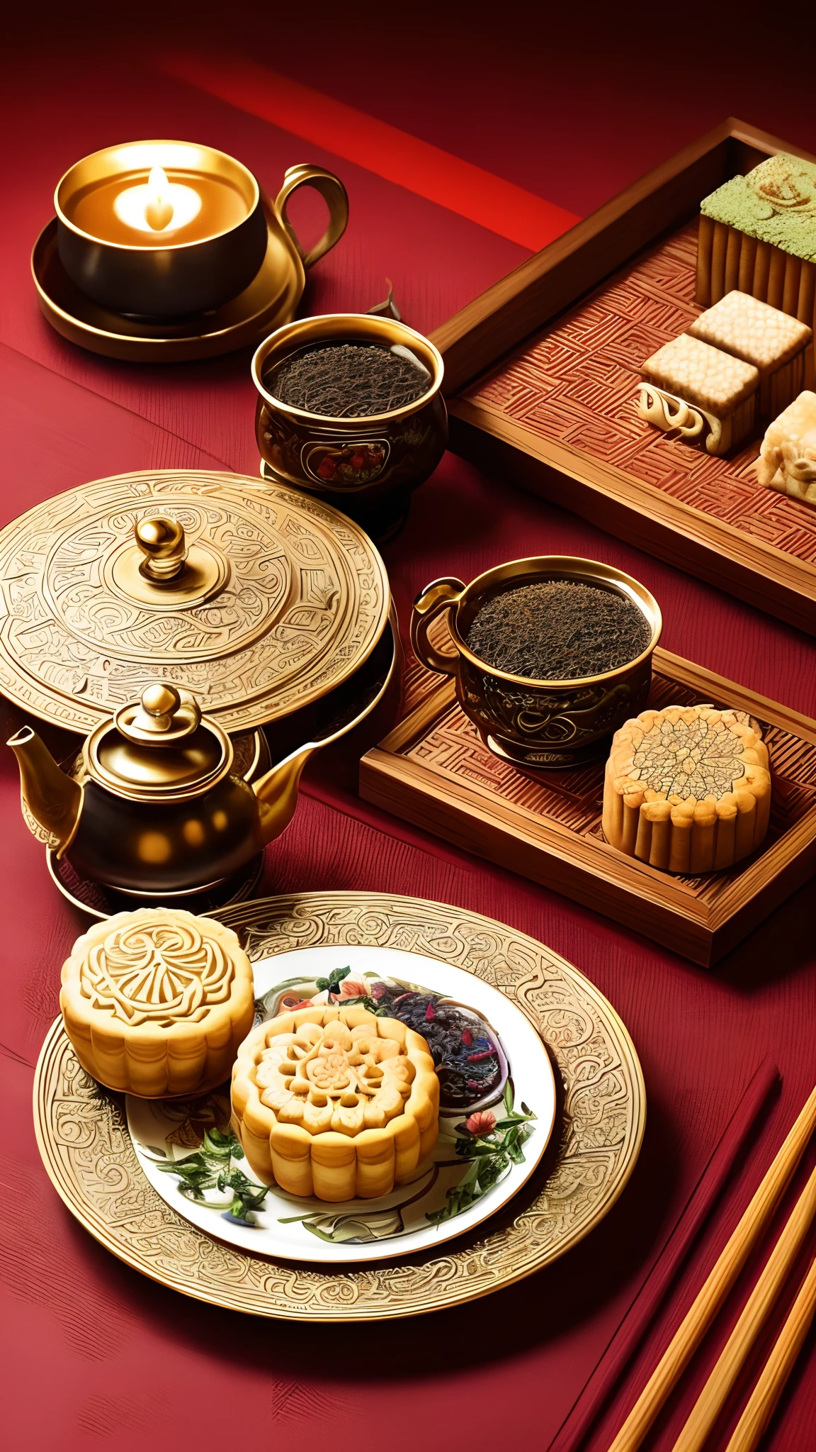 (a detailed close up portrait of a moon cake), (a cup of tea), (a tea pot poster), (best quality, highres, ultra-detailed), (realistic), (portraits), (vivid colors), (warm color tones), (soft lighting), (delicious details), (traditional Chinese dessert), (intricate patterns), (elegant tea set), (moonlit background), (artistic composition), (delicate textures), (fine brushwork), (subtle shadows), (harmonious color palette), (crisp focus), (meticulous craftsmanship), (rich flavors), (authentic tea ceremony), (captivating aroma), (artistic creativity), (precise lighting), (mouth-watering presentation), (stimulating senses), (meticulous details), (rich cultural symbolism), (teatime indulgence), (authentic Chinese cuisine), (eye-catching visual appeal), (enjoying tranquility), (celebratory atmosphere), (enticing arrangement), (traditional symbolism), (exquisite plating), (fine dining experience), (attention to detail), (sensory delight), (appetizing colors), (fragrant tea leaves), (delightful combination).