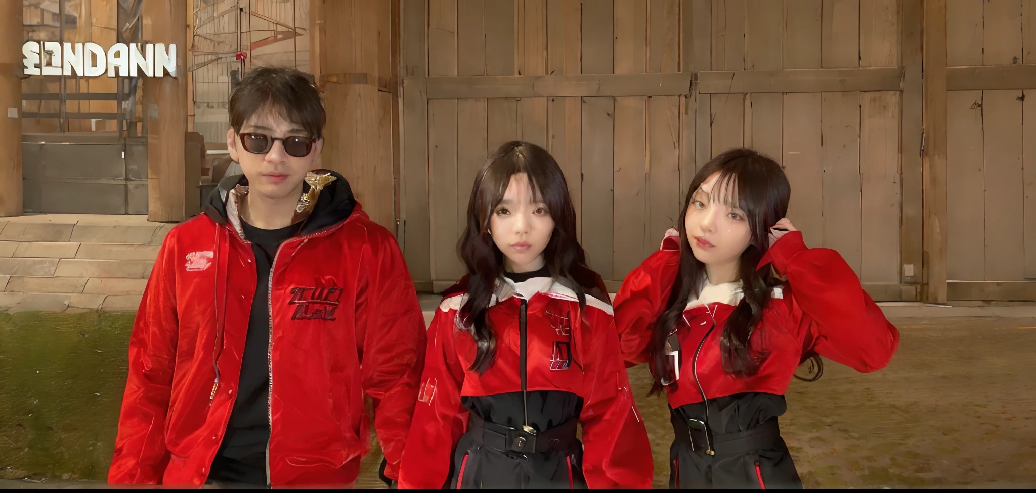 a close up of three people in red jackets and black pants, wearing a scarlet hoodie, wearing red attire, red clothes, crimson clothes, wearing a red hoodie, wearing red clothes, red hoods, inspired by Sim Sa-jeong, red hoodie, avant designer uniform, wearing red jacket, red uniform, cool red jacket, realistic clothing, red jacket, diverse outfits