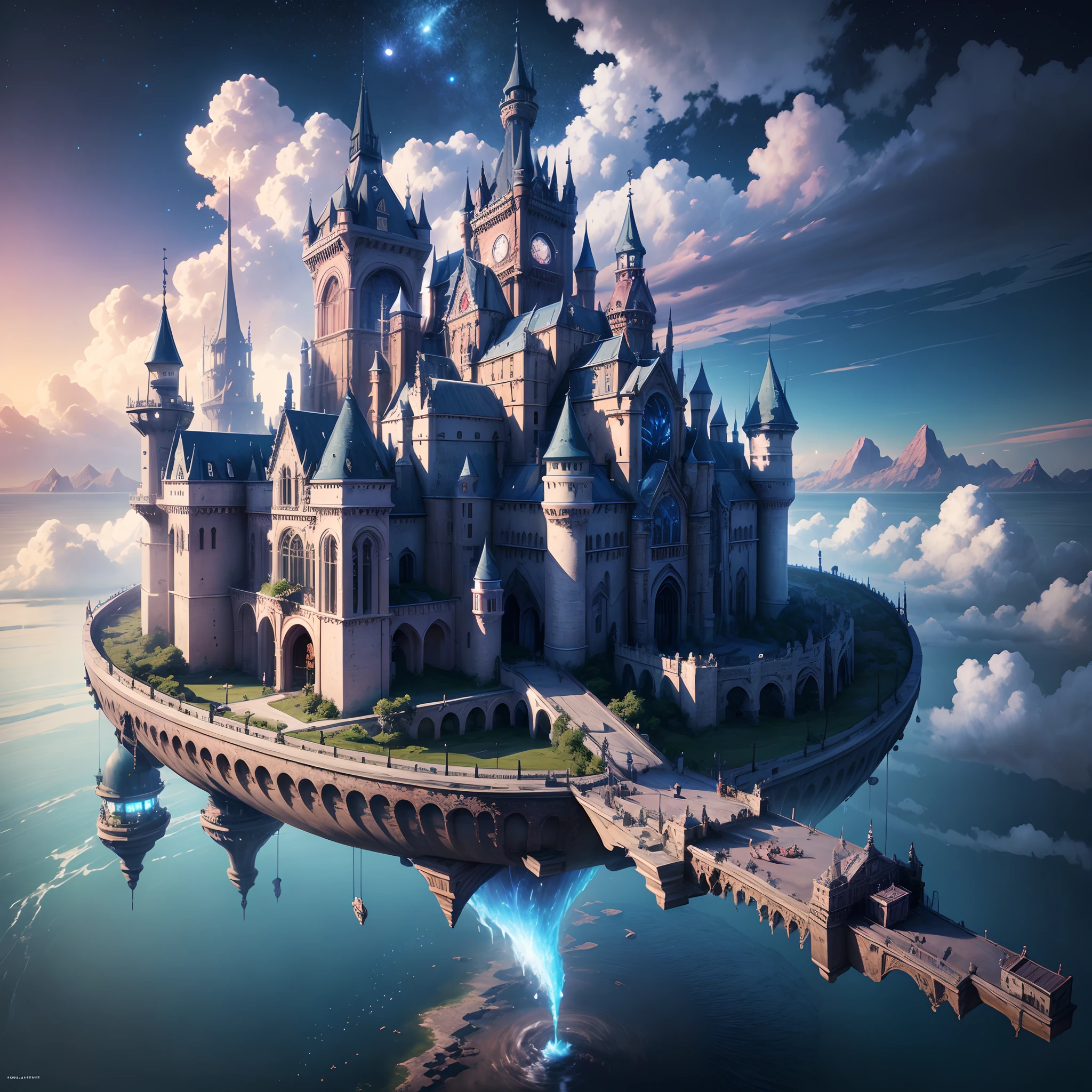 Space Magic Week, Magic concept art highlights, Vernadskys intellectual circle, The castle of Europe in the sky is built on a mobile mechanical spaceship in a cyberpunk concept,Spaceships are the technology of the future,Tail light column jet,Can move around freely,metaverse concept art, Ocean of Magic, Mobile floating city in the cloud, Galactic fighter, Huge floating moving castle, a digital dreamscape, Magic fantasy 3D concept art, Amazing concept art ,Warm pigment,Bright colors,Bright light,Extreme refinement,Masterpiece,8k,tmasterpiece --v 6