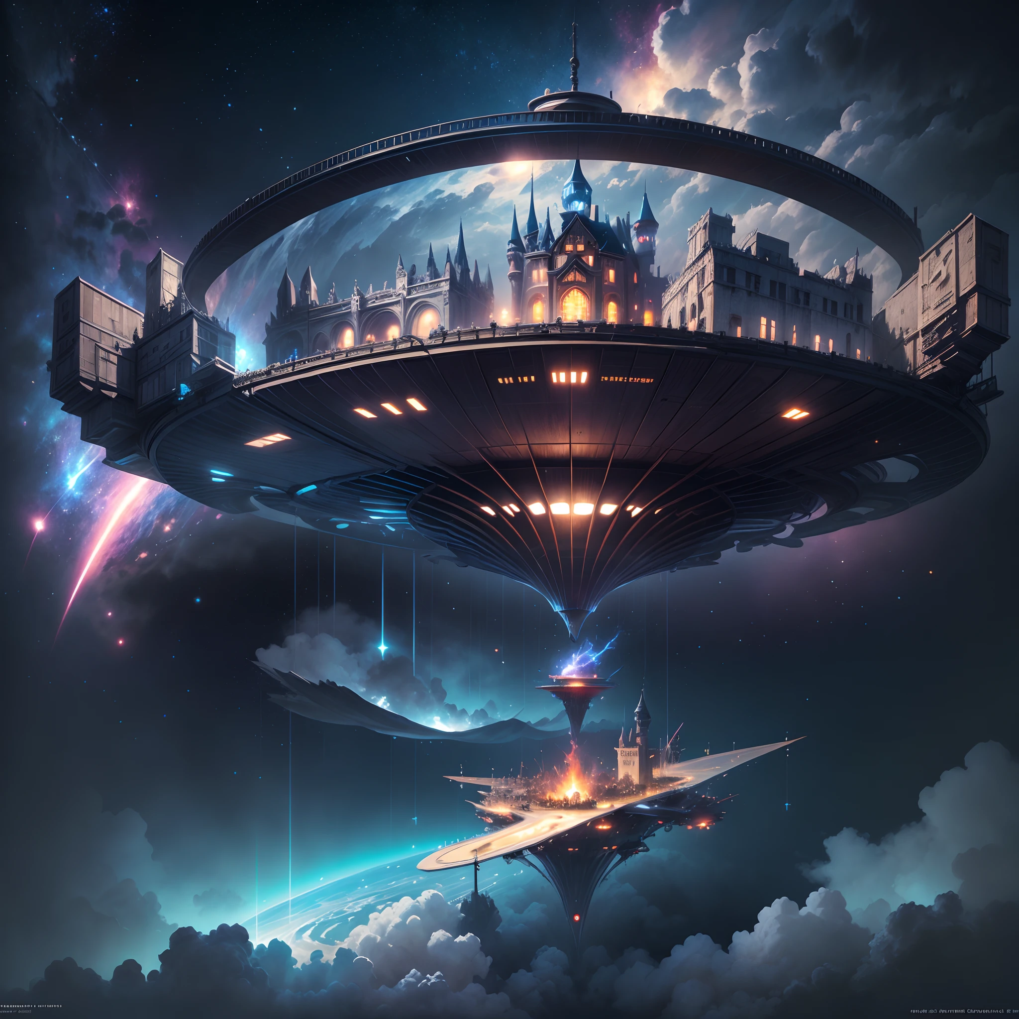 Space Magic Week, Magic concept art highlights, Vernadskys intellectual circle, The castle of Europe in the sky is built on a mobile mechanical spaceship in a cyberpunk concept,Spaceships are the technology of the future,Tail light column jet,Can move around freely,metaverse concept art, Ocean of Magic, Mobile floating city in the cloud, Galactic fighter, Huge floating moving castle, a digital dreamscape, Magic fantasy 3D concept art, Amazing concept art ,Warm pigment,Bright colors,Bright light,Extreme refinement,Masterpiece,8k,tmasterpiece --v 6