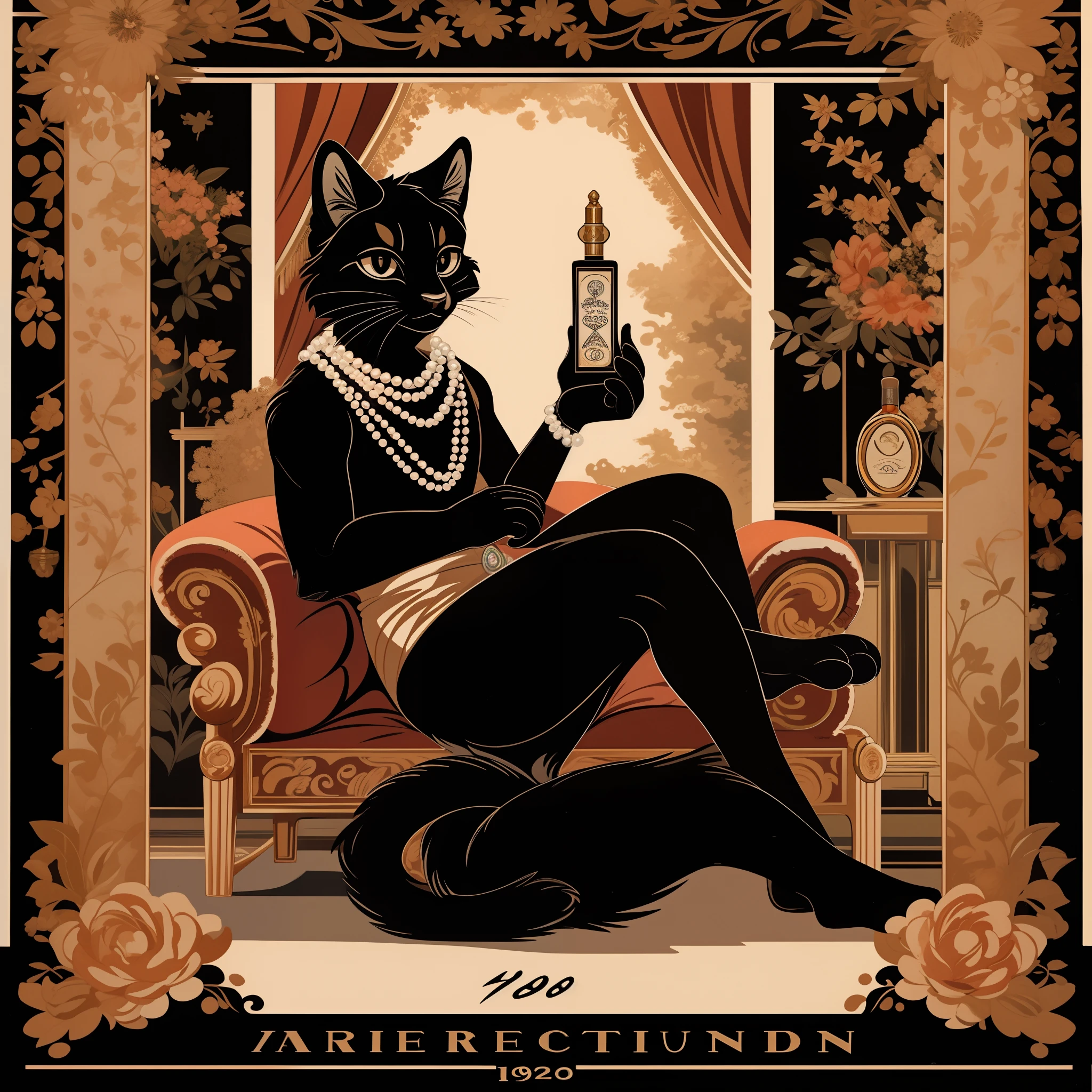 vector art, arafed black cat sitting on a pedestal with a pearl necklace, elegant cat, 1920s advert, 1960s advertisement, luxury advertisement, magazine advertisement, 1960s perfume bottle ads,