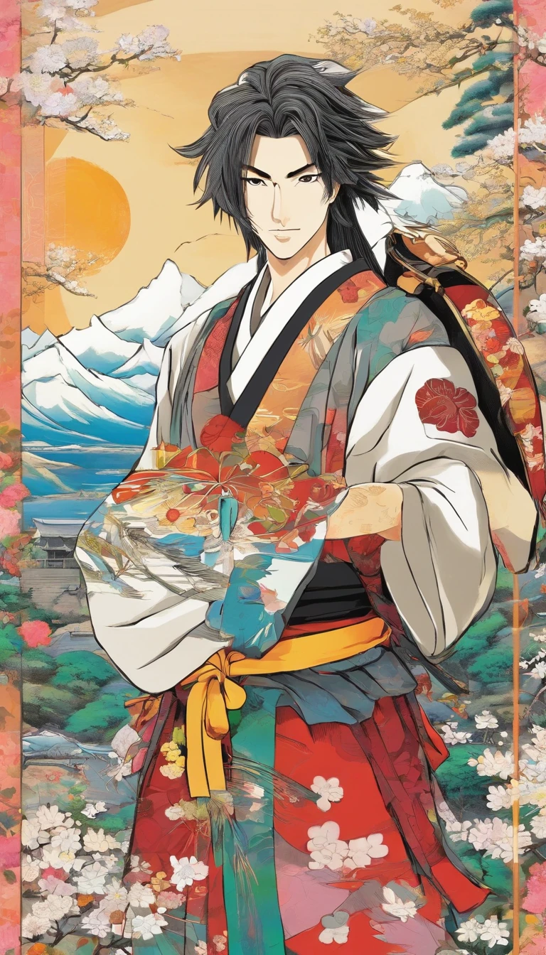 smiling MIYAMOTO MUSASHI , with bag and small children's around , outdoor