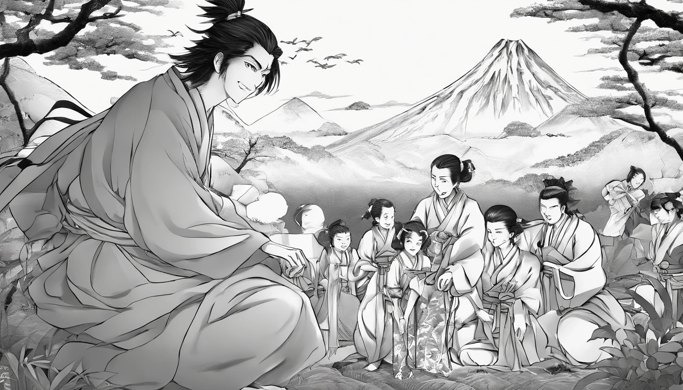 smiling MIYAMOTO MUSASHI , with bag and small children's around , outdoor, black and white , manga