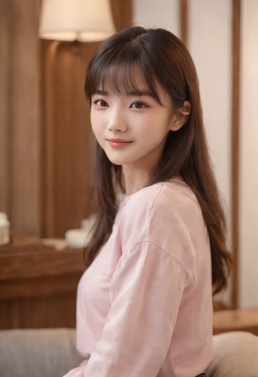 povbreastgrab, solo focus, 1girl, blush, looking at viewer, upper body, smile, bangs, sweat, wearing t-shirt