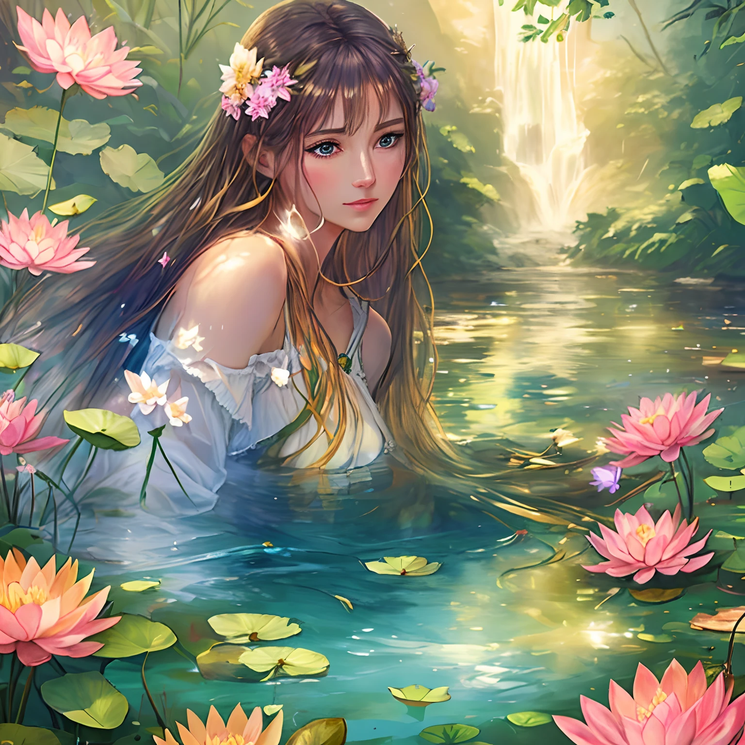 Masterpiece, 1girl,, beautiful and delicate face, age:21, long hair, medium chest, hair flower, water on the skin, shyness, butterfly, meadow, waterfall, lotus, dawn, (very detailed), (realistic), bright colors, bright, deep shadows, dynamic light, colorwater --v6