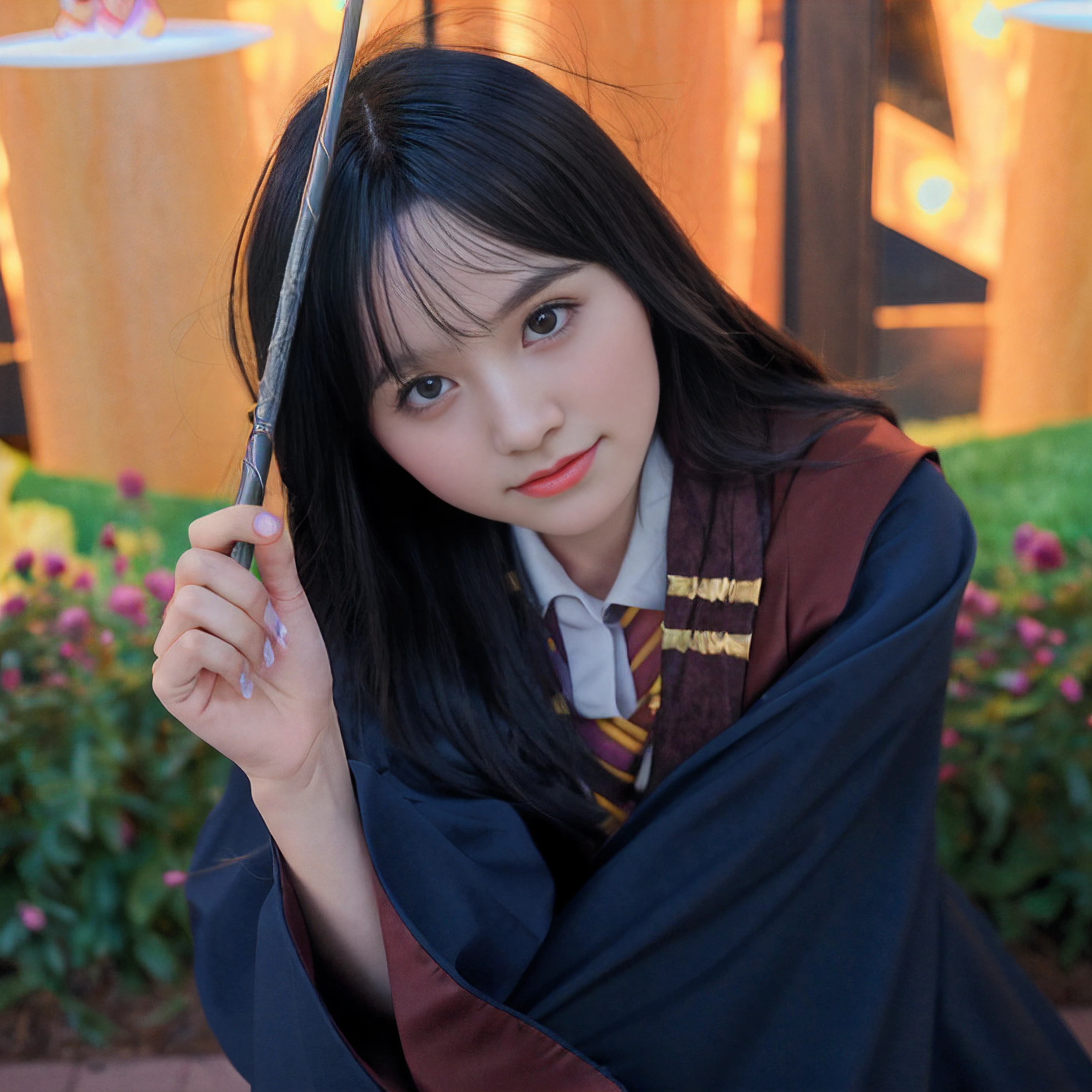 There was a woman in a Harry Potter robe holding a wand, holding a wand, cosplay foto, holding wand, a young female wizard, holding wands, Anime girl cosplay, rpgmaker, realistic cosplay, close up portrait shot, holding the elder wand, beautiful female wizard, Portrait shooting, Anime cosplay, professional cosplay, she is holding a long staff
