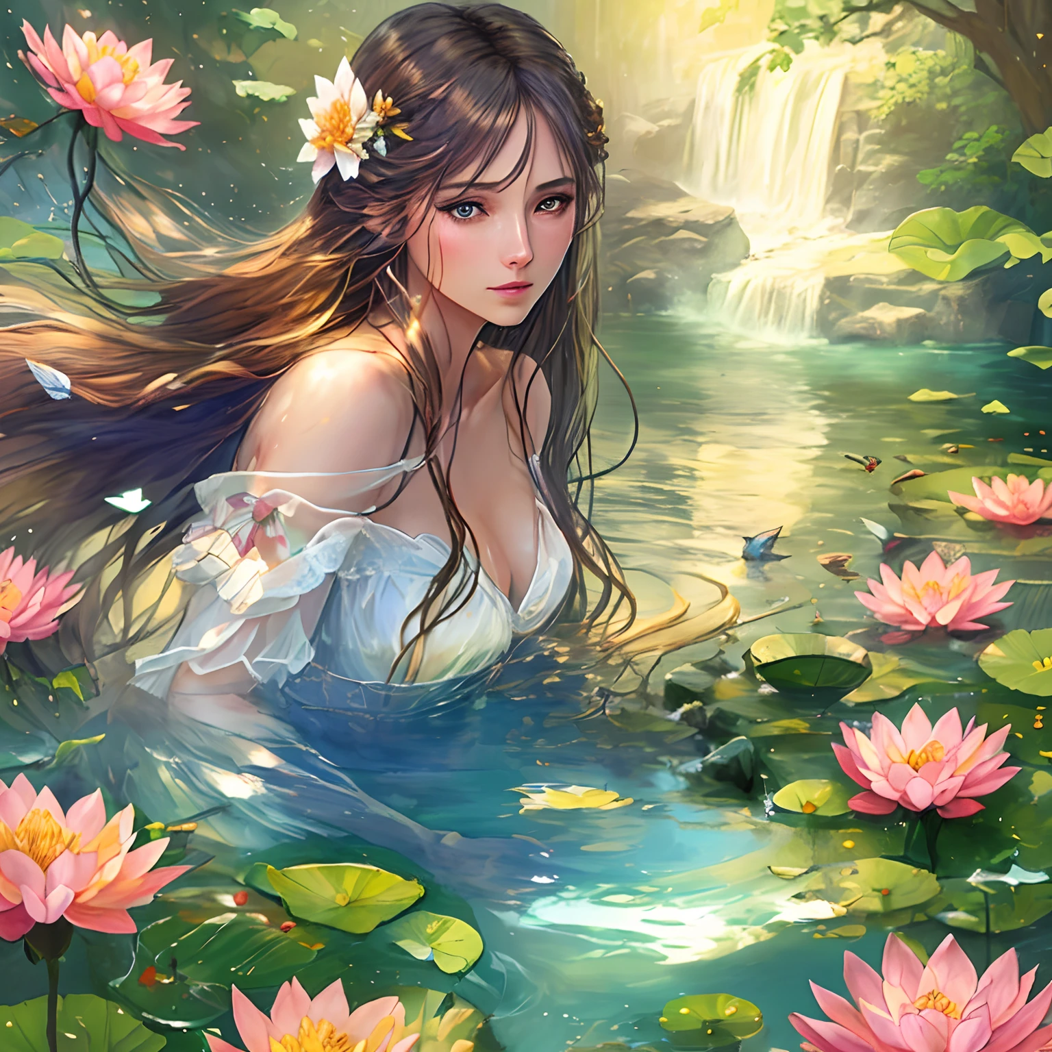 Masterpiece, 1girl,, beautiful and delicate face, age:21, long hair, medium chest, hair flower, water on the skin, shyness, butterfly, meadow, waterfall, lotus, dawn, (very detailed), (realistic), bright colors, bright, deep shadows, dynamic light, colorwater --v6