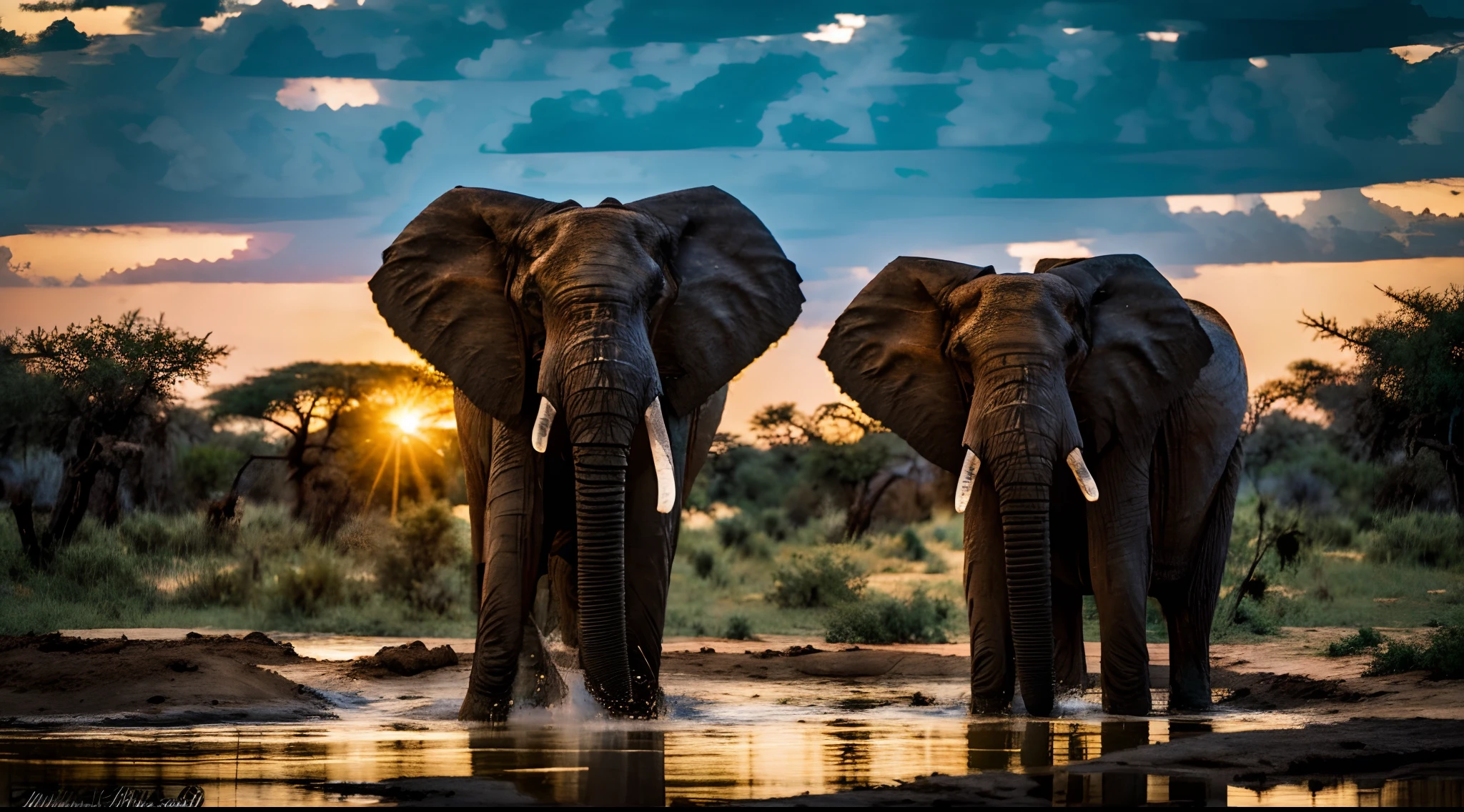 African elephant bathing in a natural waterhole on the African savannah in cinematic dusk light and ultrarealistic detail