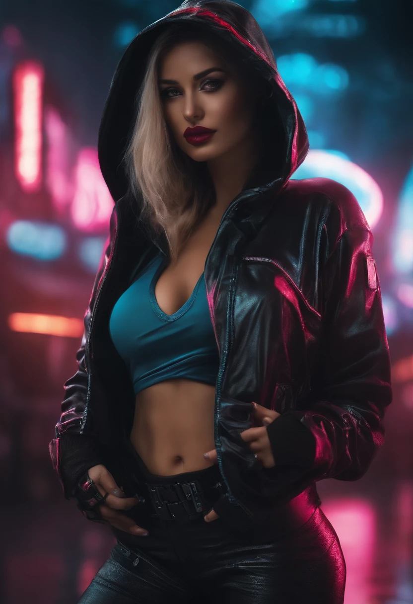 arafed image of a woman in a bikini and a hoodie, cyberpunk art by Ludovit Fulla, tumblr, holography, crazy hacker girl, cyber style, cyberpunk hacker, cyber background, cyberpunk))))), cyber school girl, cyber wear, cyberpunk strip clubs, hacker, cyberpunk))), cybernetic wallpaper, seductive cyberpunk dark fantasy, cypherpunk background AND BIG TITS AND NICE EYES