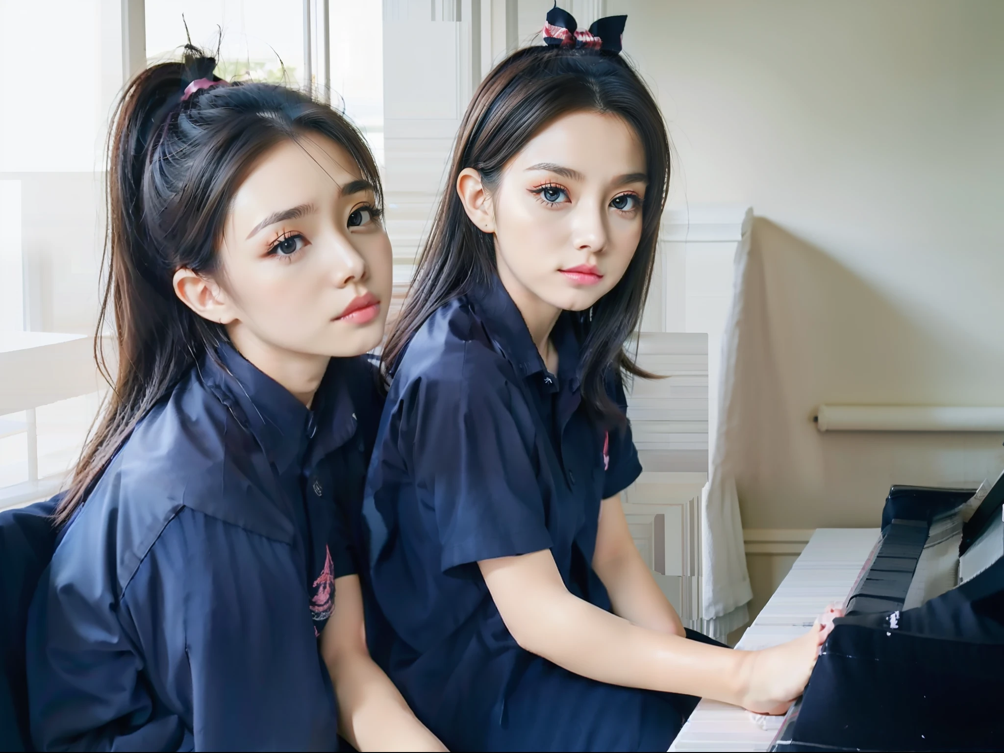 2girl in piano room,navy shirt,longtrackpants,masterpiece,cute face