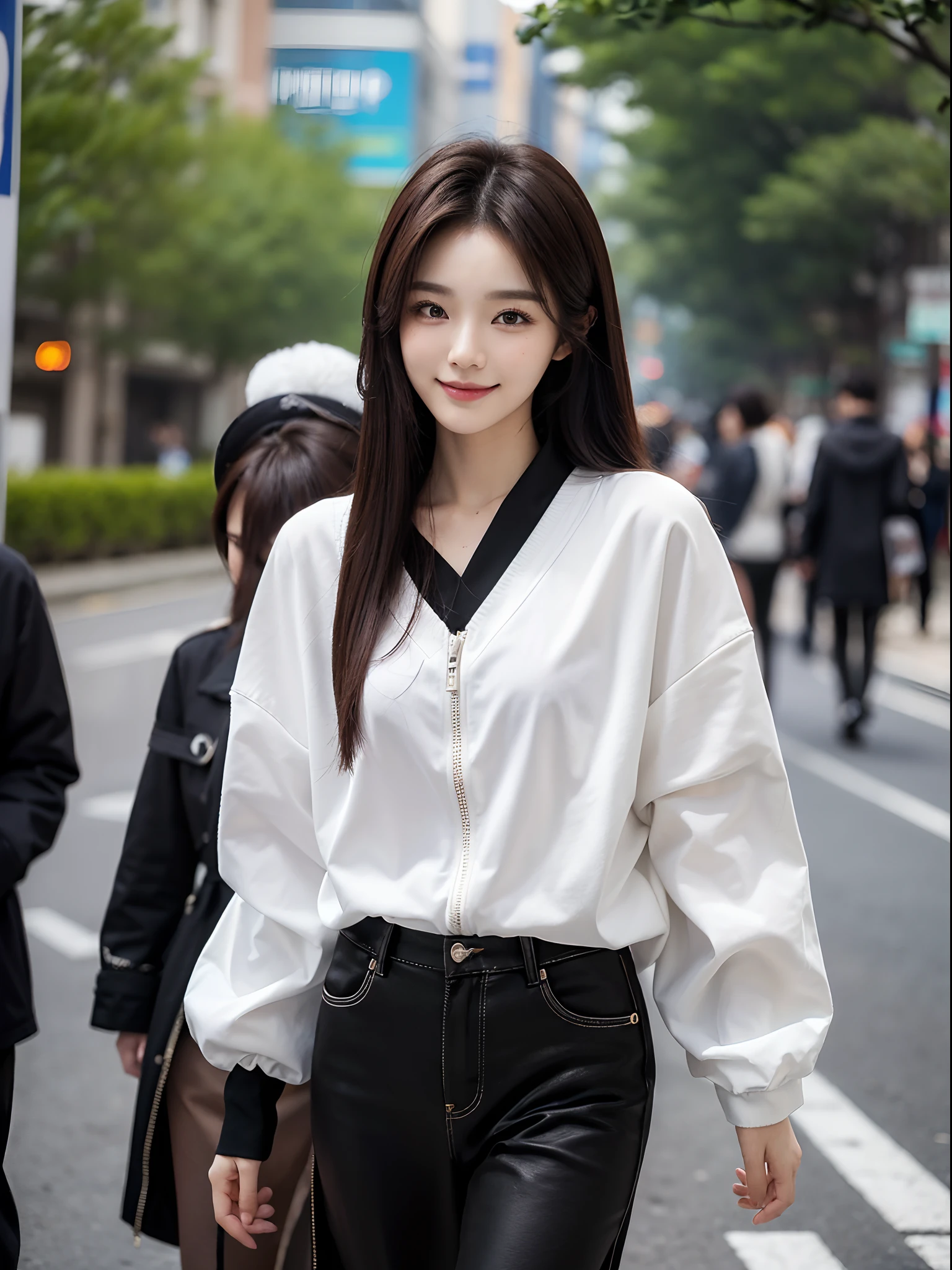 ​masterpiece、top-quality)、1 beutiful girl、Slim body、((Black and white plain clothes:1.1))、(Detailed beautiful eyes)、Walking together on the road at night、Face similar to Chaewon in Le Selefim、((Boyish Brown Medium Hair))、((Smaller face))、((Neutral face))、((Light brown eyes))、((Korean Girl))、((18year old))、((cool lady))、((A shy smile on his face))、((Korean Makeup))、((elongated and sharp eyes))、((Happy dating))、((boyish))、((She is walking in front of the viewer))、((Looking Up))、((shot from a side angle))