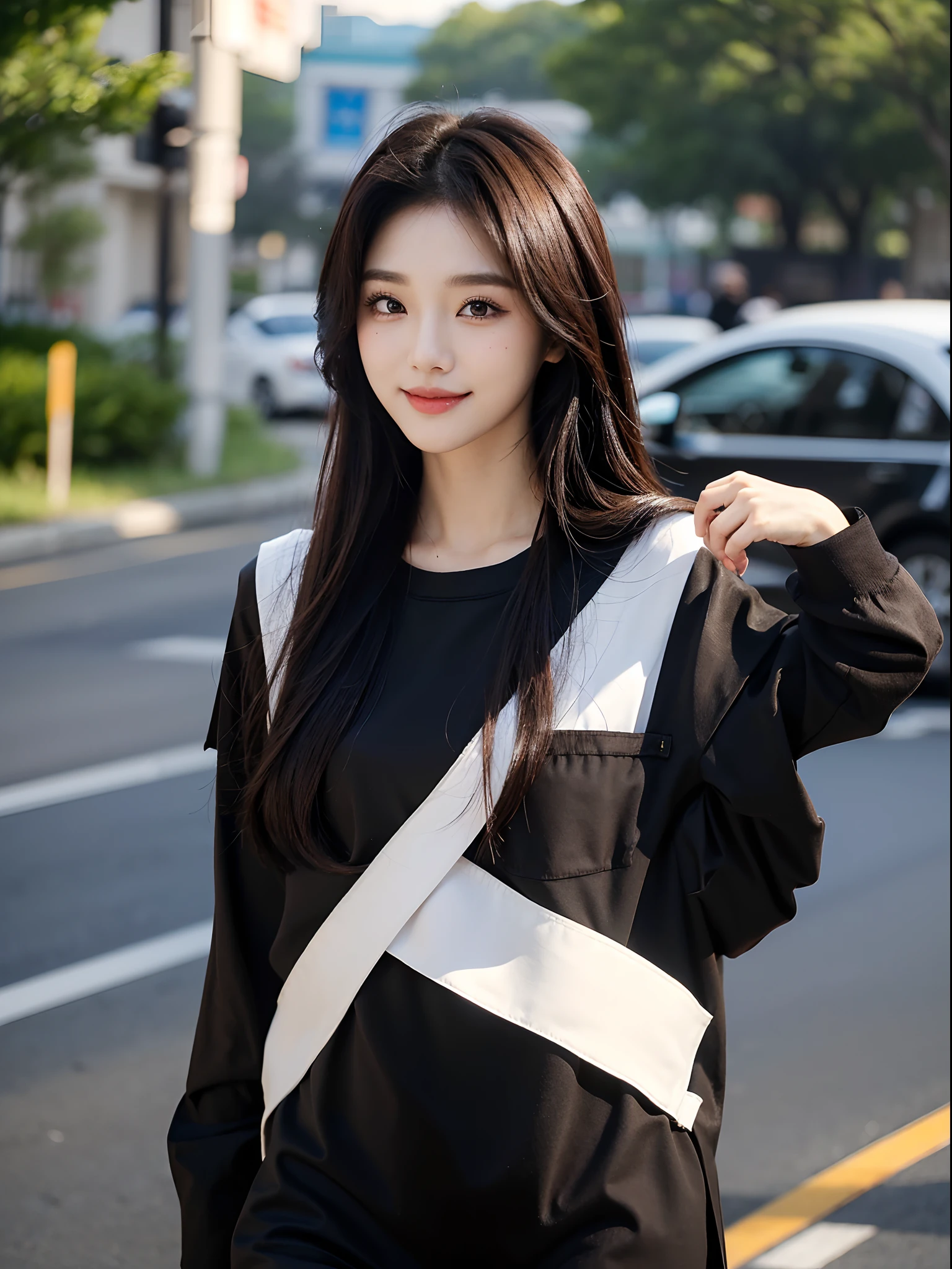 masterpiece、top-quality)、1 beutiful girl、Slim body、((Black and white plain clothes:1.1))、(Detailed beautiful eyes)、Walking together on the road at night、Face similar to Chaewon in Le Selefim、((Boyish Brown Medium Hair))、((Smaller face))、((Neutral face))、((Light brown eyes))、((Korean Girl))、((18year old))、((cool lady))、((A shy smile on his face))、((Korean Makeup))、((elongated and sharp eyes))、((Happy dating))、((boyish))、((She is walking in front of the viewer))、((Looking Up))、((shot from a side angle))