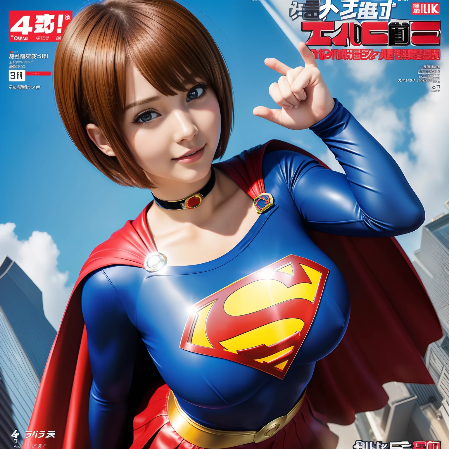 (Best Quality,4K,8K,hight resolution,masutepiece:1.2),Ultra-detailed,Realistic:1.37,Super masterpiece,Short-haired Supergirl、large full breasts、Looking at the camera、Glossy costume、a choker、Too short miniskirt、Magazine covers、shounen jump