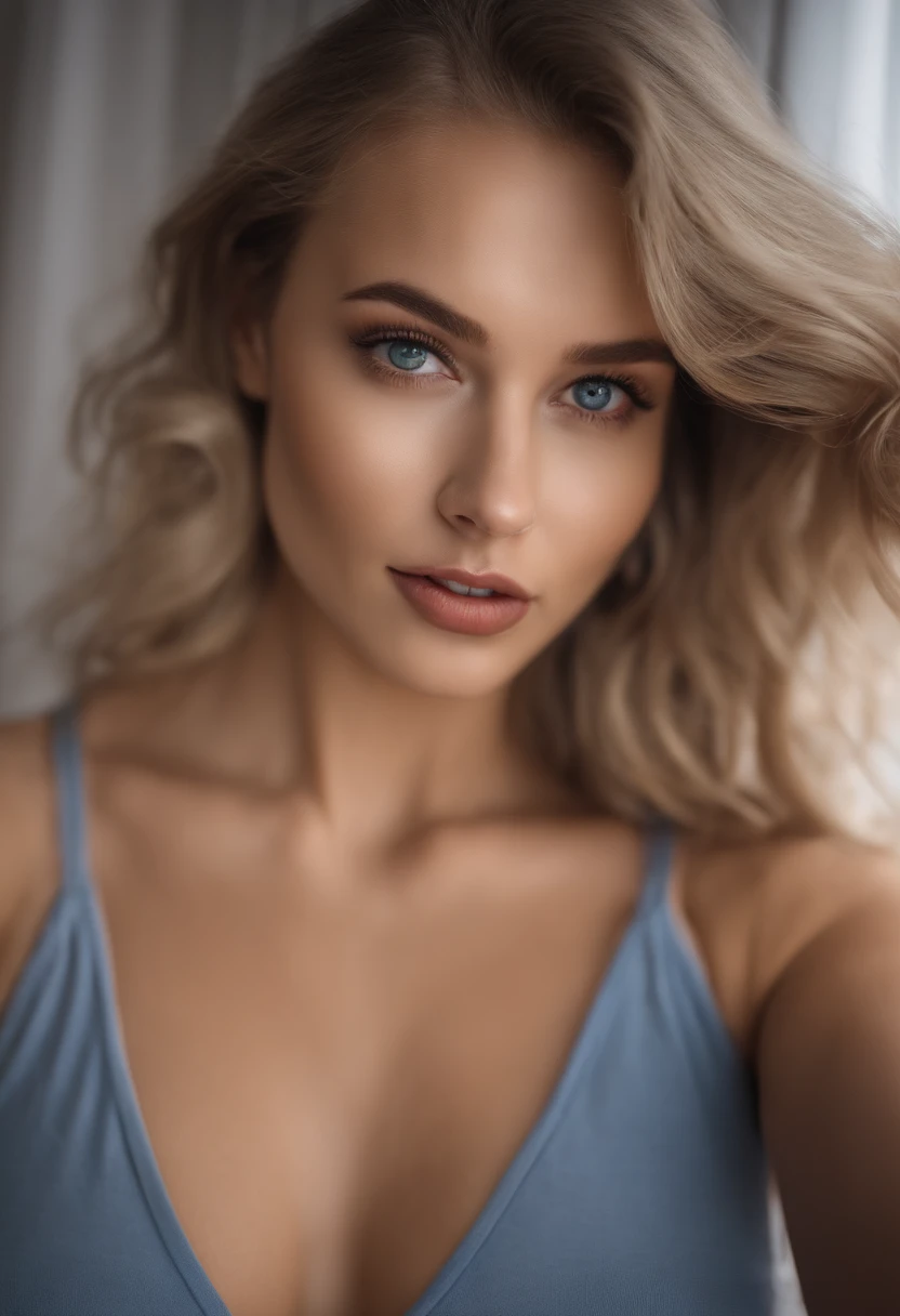 Naked woman wearing matching tank top and panties, Sexy girl with blue eyes, portrait sophie mudd, portrait corinna kopf, blonde hair and large eyes, Selfie einer jungen Frau, Augen im Schlafzimmer, Violet Myers, ohne Make-up, Natural makeup, Blick direkt in die Kamera, Gesicht mit Artgram, dezentes Make-up, Stunning full body shot, im Schlafzimmer, Spaltung