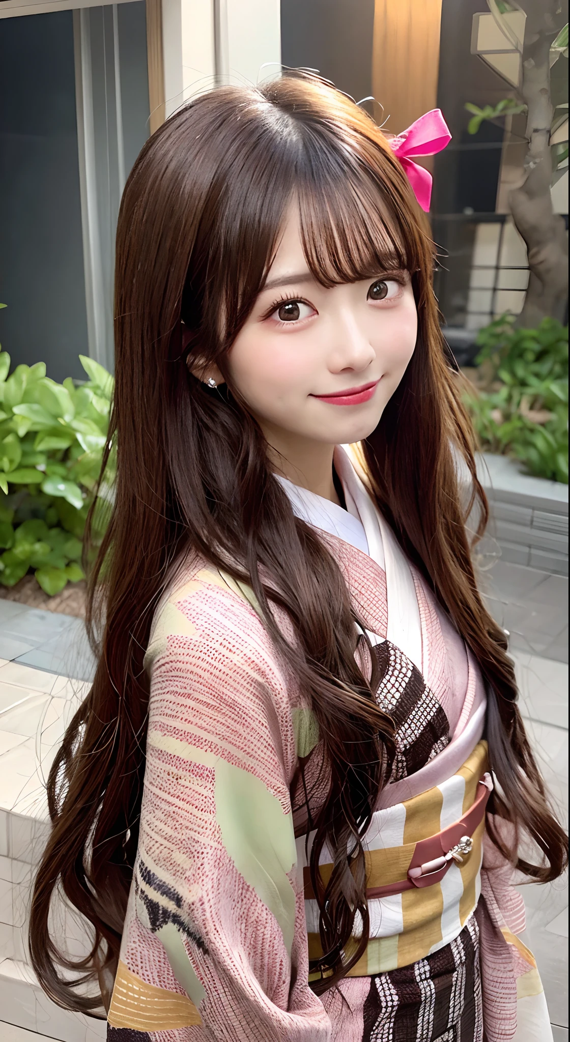 Nezuko Kamado, 1girl in, Brown hair, Checkered band, gradation hair, Hair Ribbon, haori, Komono, Kimono, The long-haired, Look at viewers, O cabelo multicolorido, orange color hair, Pink eyes, Pink kimono, Pink ribbon, bow ribbon, 独奏, The upper part of the body, ((masterpiece)),A smile、Kamado Nezuko,look at viewr、A smile、s lips