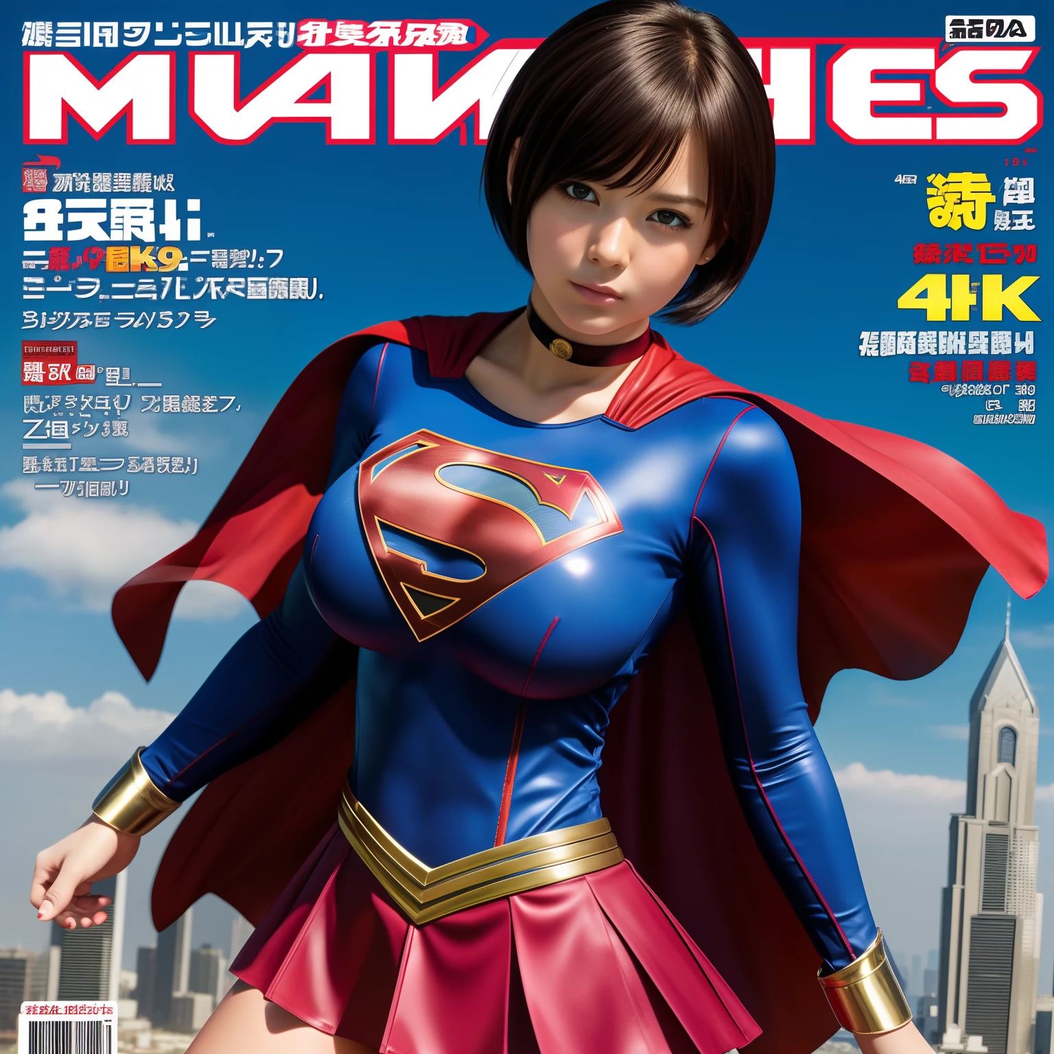 (Best Quality,4K,8K,hight resolution,masutepiece:1.2),Ultra-detailed,Realistic:1.37,Super masterpiece,Short-haired Supergirl、large full breasts、Looking at the camera、Glossy costume、a choker、Too short miniskirt、Magazine covers、shounen jump