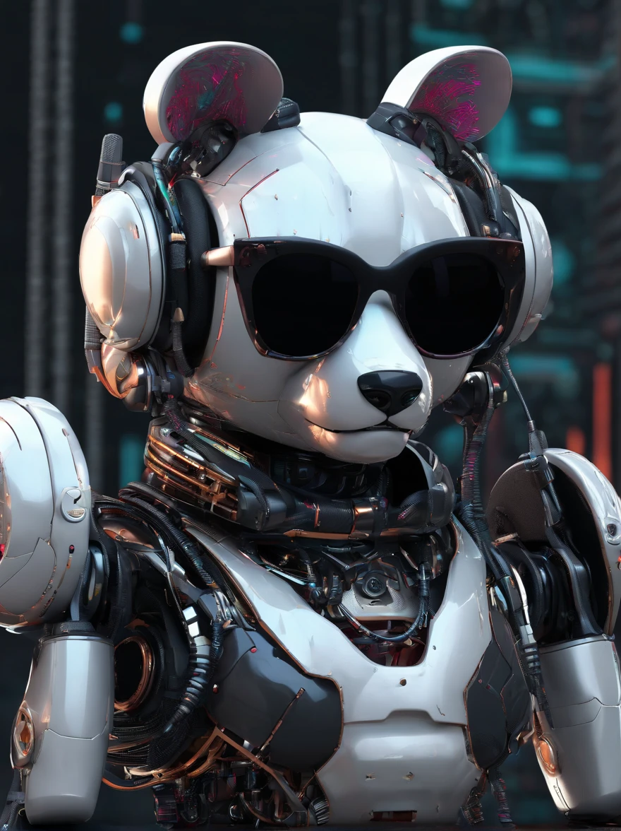 A panda robot,, Wearing sunglasses, with headphones on, Standing position, Abstract beauty, Centered, Looking at the camera, Facing the camera, nearing perfection, Dynamic, Highly detailed digital painting, concept-art, 8K, high definition resolution