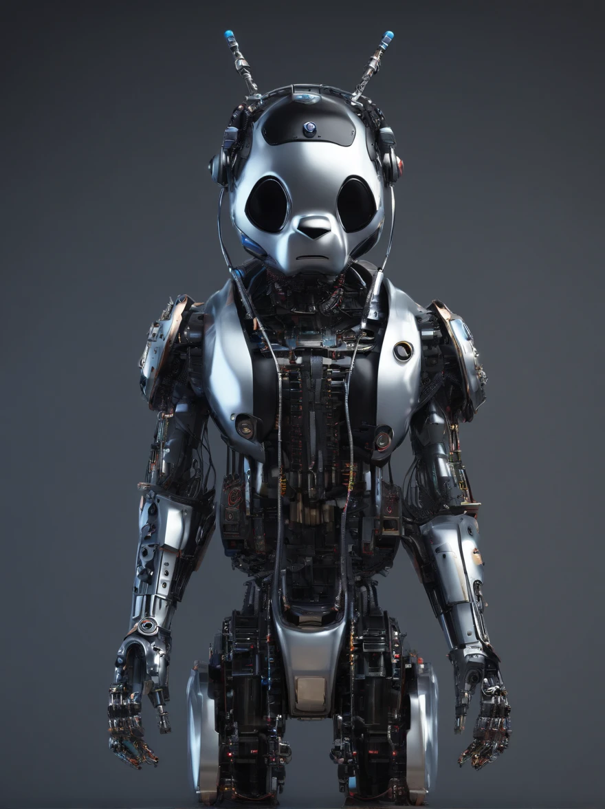 A panda robot,, Wearing sunglasses, with headphones on, Standing position, Abstract beauty, Centered, Looking at the camera, Facing the camera, nearing perfection, Dynamic, Highly detailed digital painting, concept-art, 8K, high definition resolution