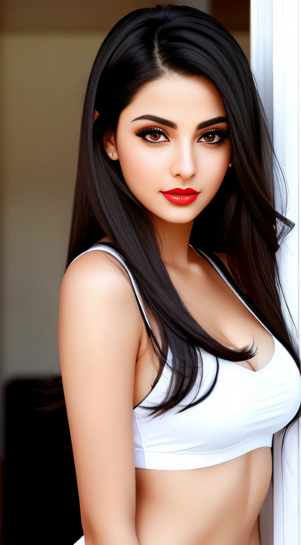 1girl in, age19, Solo, Long hair, Colossal tits, Looking at Viewer, black hair, Bare shoulders, Brown eyes, Full body, off shoulders, red football t-shirt, Realistic, A sexy, 4K, max quality, small breasts, super sharp image, 8K, beautiful pose, playboy model, photo session, red lips, headshot, masterpiece, sex bomb, kashmiri, detailed body, Egyptian dress, chewing lips, highly detailed, seducing, seductive,