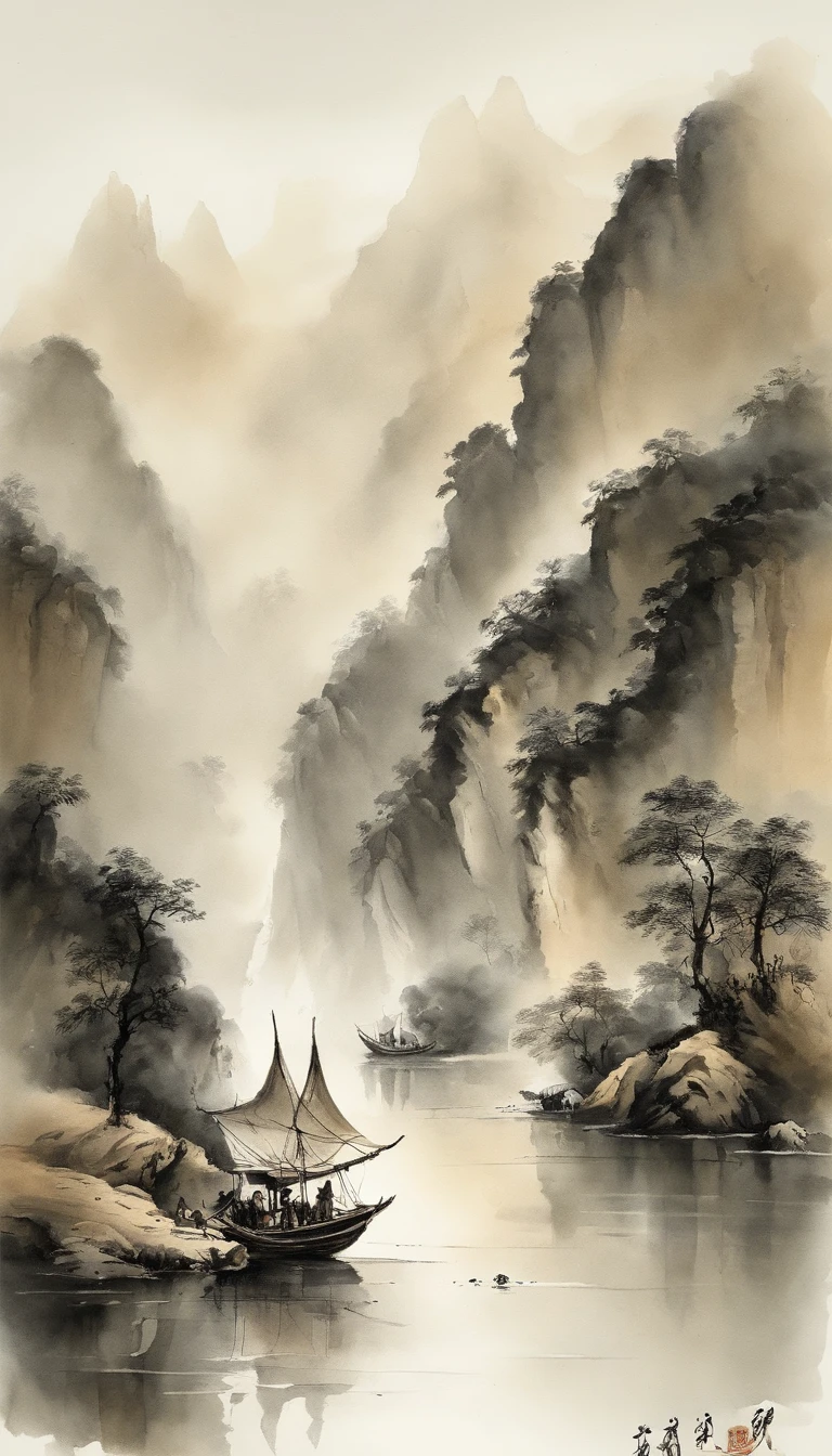 Chinese landscape painting，ink and watercolor painting，water ink，ink，Smudge，Faraway view，Ultra-wide viewing angle，Meticulous，Light boat in the distance，Faraway view，Meticulous，Smudge，low-saturation，Low contrast，The light boat has crossed the Ten Thousand Heavy Mountains，Beautifully depicted，A detailed，acurate，Works of masters，tmasterpiece
