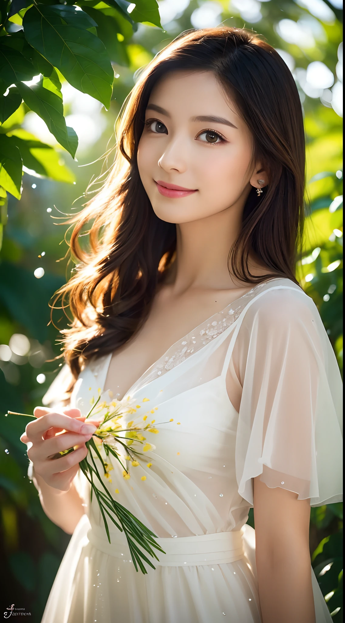 (Best quality,4K,A high resolution,Ultra-detailed,Realistic:1.37),Vivid colors,Sunlight,llight rays,bergamot,white blossoms,Beautiful girl,Exquisite features,Flowing hair,Serene expression,Garden setting,Elaborate dress,Soft sunlight,Gentle breeze,Cheerful ambiance,Backlit scene,a hint of smile,ethereal glowing,Fresh in the morning,Long shadows,harmony of nature,subtle reflections,Natural beauty,Twinkling dewdrops,Clear detail,serenity and calm,Sublime ingredients,Arrive at the branch,whispering leaves,Aromatherapy petals,with light glowing,Sparkling highlights,Subtle shadows,Soft focus,Sublime beauty,Whisper natural,Fantastical Atmosphere,Illuminated background.