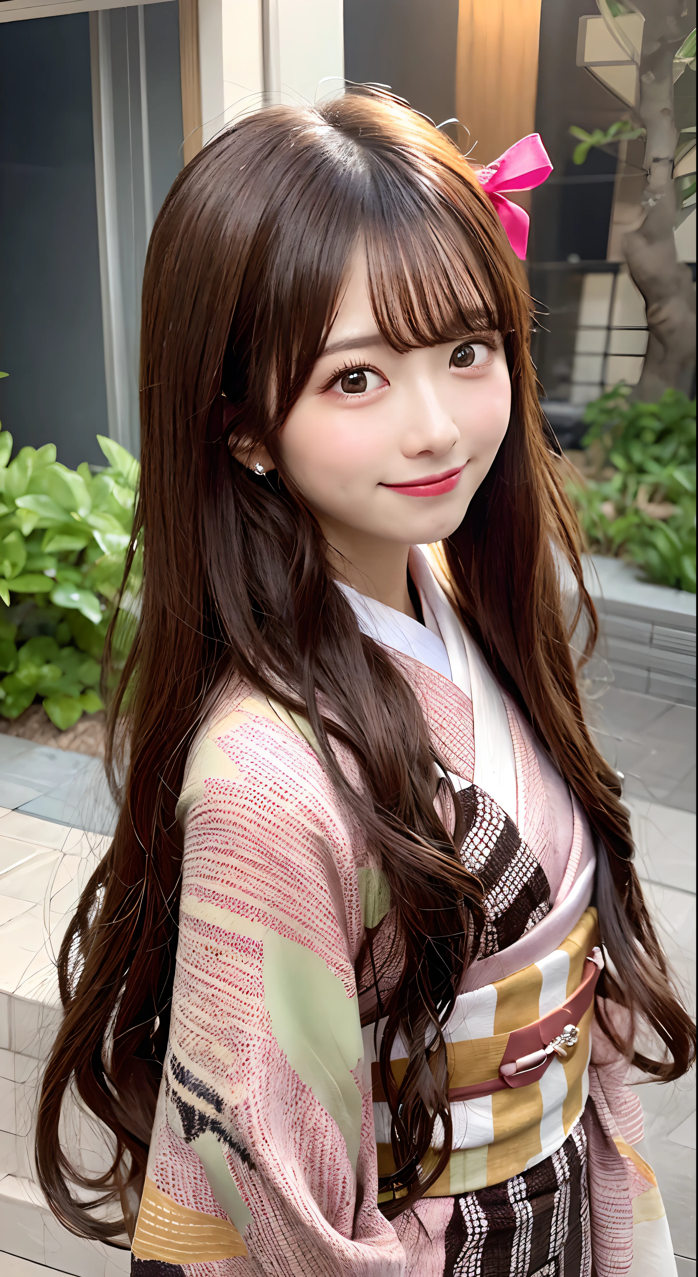 Nezuko Kamado, 1girl in, Brown hair, Checkered band, gradation hair, Hair Ribbon, haori, Komono, Kimono, The long-haired, Look at viewers, O cabelo multicolorido, orange color hair, Pink eyes, Pink kimono, Pink ribbon, bow ribbon, 独奏, The upper part of the body, ((masterpiece)),A smile、Kamado Nezuko,look at viewr、A smile、s lips