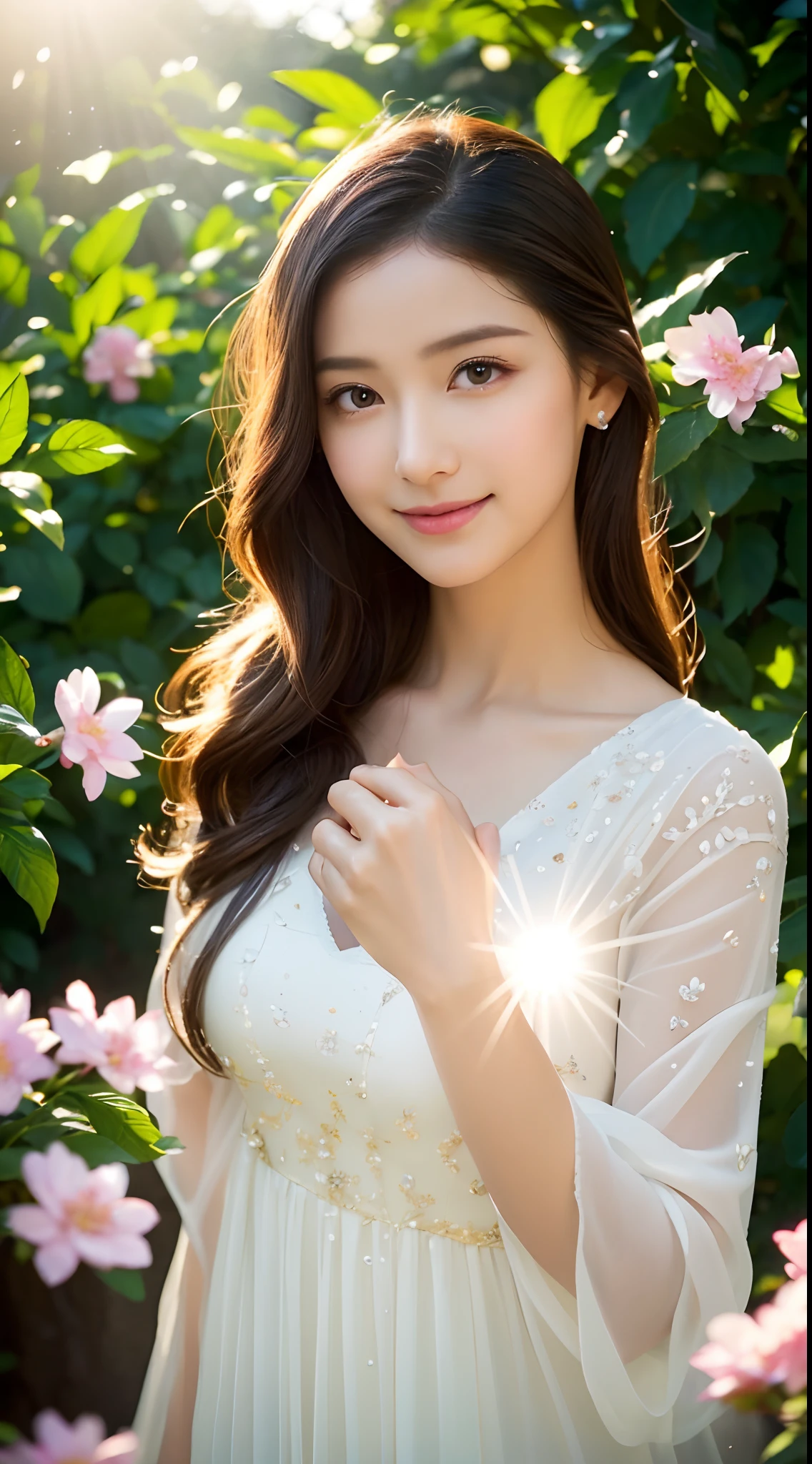(masterpiece), (best quality), ultra high res, sharp focus, ((1 woman, solo)), upper body, medium long shot, MLS, background blur focus on face only, in the meadow of lily flower, (at the beautiful night time:1.2), beautiful detailed hair, chesnut brown hair, long hair tumbles down, ((beautiful shape eyes, )), beautiful detailed face, perfect feminine face, smiles warmly, look at the viewer, in pink coquette clothes, comfortable pose to the viewer