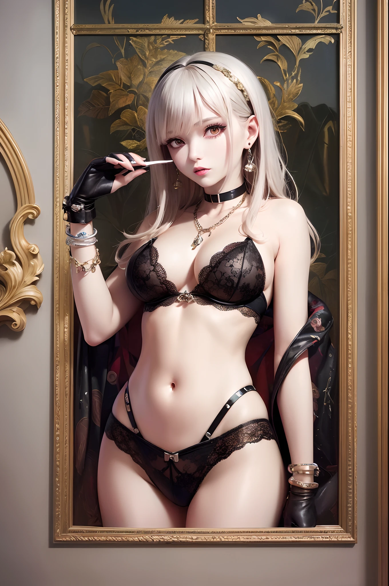 (Finest quality)),(超A high resolution),(ultra-detailliert),(Meticulous portrayal),((Best Anime)),(Finest works of art),sharpnes,Clair,Ultra-precise art,Contemporary art, (Devilish Beauty),Glamorous Body,thin-waist,a navel,((Seductive fashion)),a choker,Chain Accessories,piercings