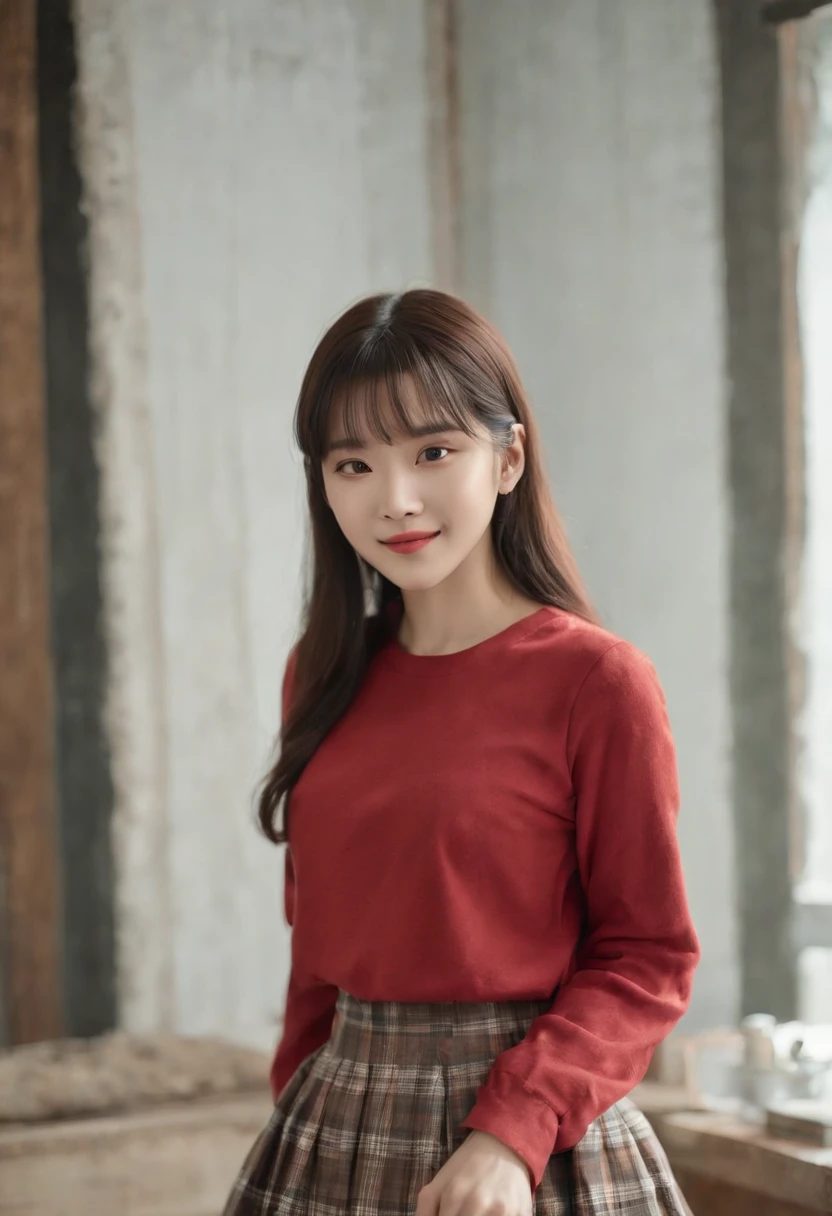 top-quality, Photorealsitic, masterpiece, 8K, Hi-Res, 独奏, 1girl, (((infp young woman))),sixteen years old、full bodyesbian、(small tits), ((Look at viewers)), (look at a camera), ((Various hairstyles close to long))、Perfect straight black hair、((With bangs))、 (profetional lighting), Highly detailed bright face、Gentle Japan girl、lovely smile、Red T-shirt(long-sleeve)、Checked pleated skirt、Standing in the room