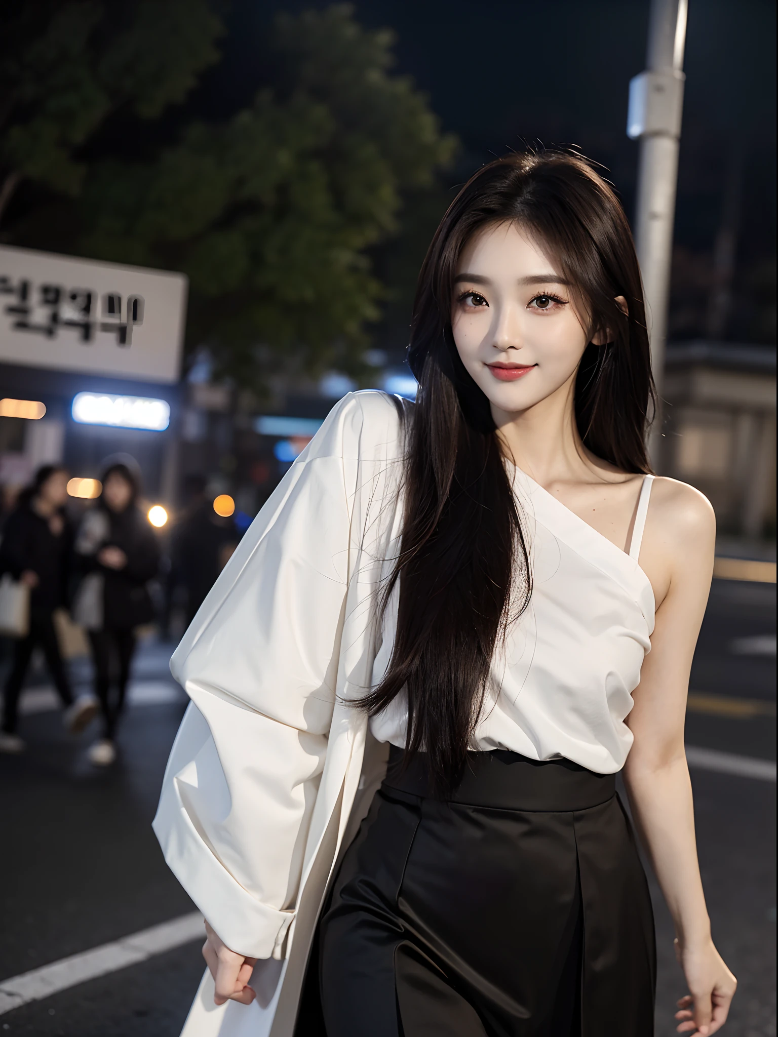 ​masterpiece、top-quality)、1 beutiful girl、Slim body、((Black and white plain clothes:1.1))、(Detailed beautiful eyes)、Walking together on the road at night、Face similar to Chaewon in Le Selefim、((Boyish Brown Medium Hair))、((Smaller face))、((Neutral face))、((Light brown eyes))、((Korean Girl))、((18year old))、((cool lady))、((A shy smile on his face))、((Korean Makeup))、((elongated and sharp eyes))、((Happy dating))、((boyish))、((She is walking in front of the viewer))、((Looking Up))、((shot from a side angle))